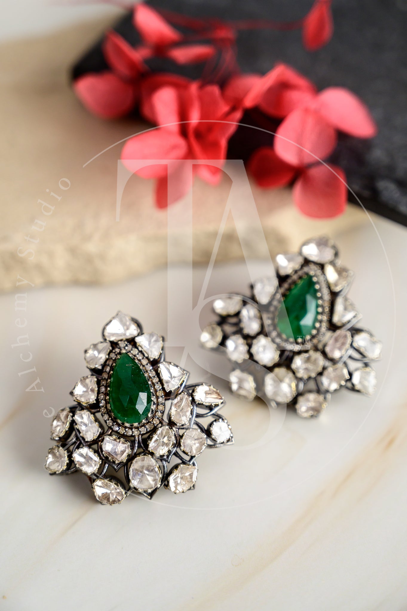 Art Deco Uncut Diamond and Zambian Emerald Earrings