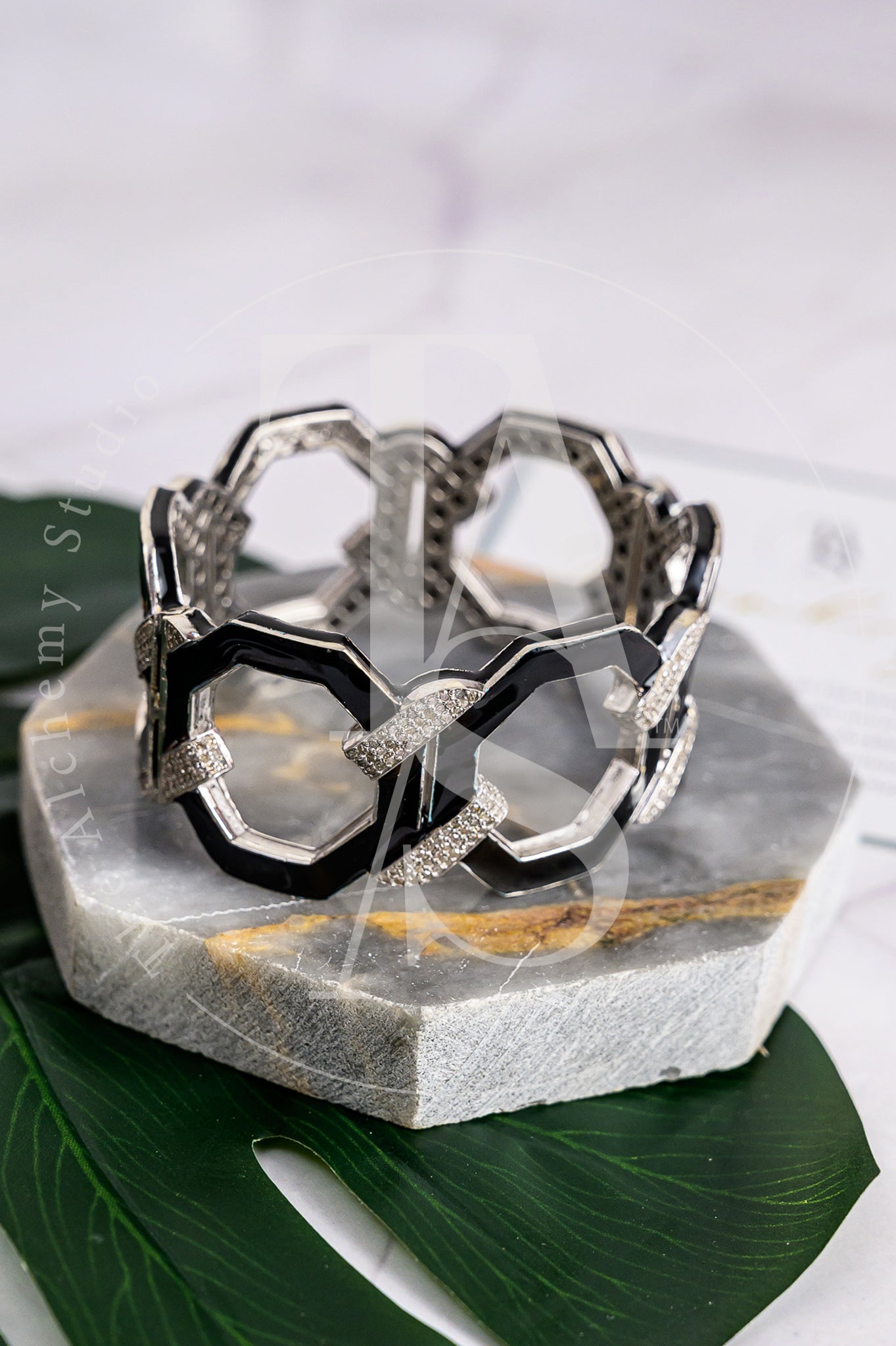 Amor Black Enamel and Diamond Cuff