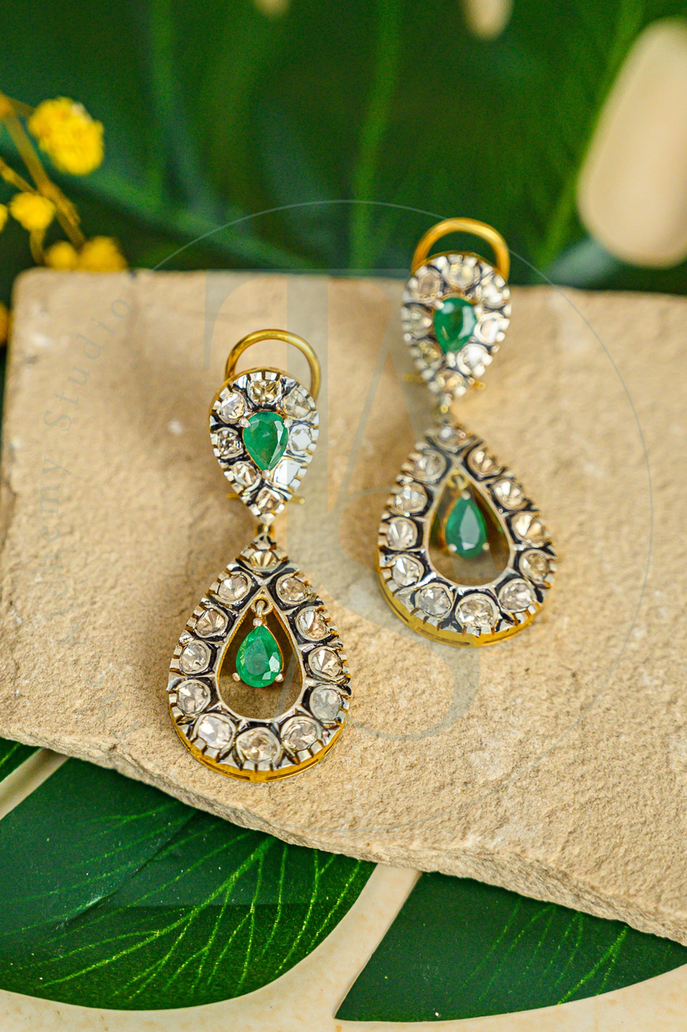 Jiva Emerald and Uncut Diamond Drop Chaand Earrings