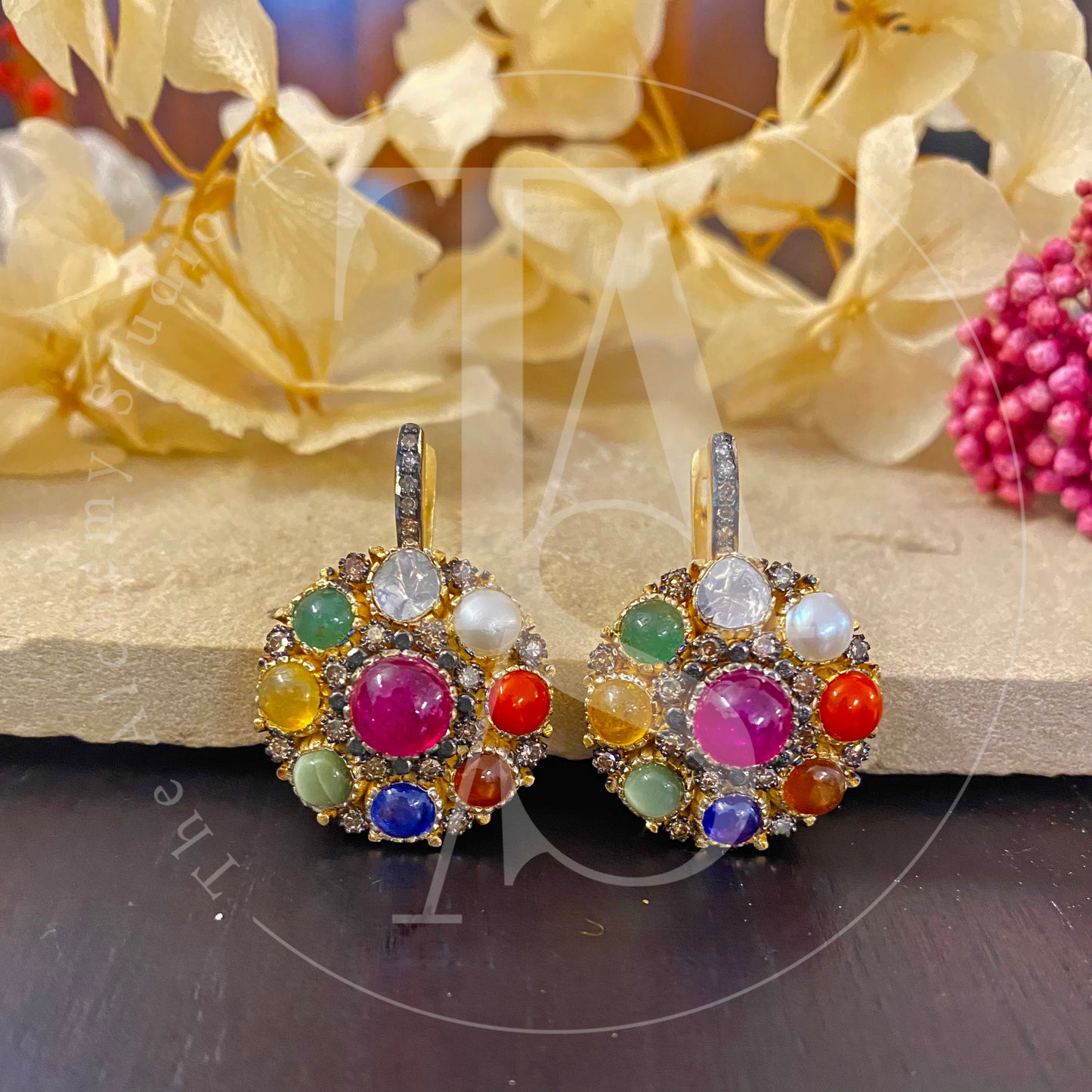 Vintage Navratan Uncut Diamond Dangling Earrings
