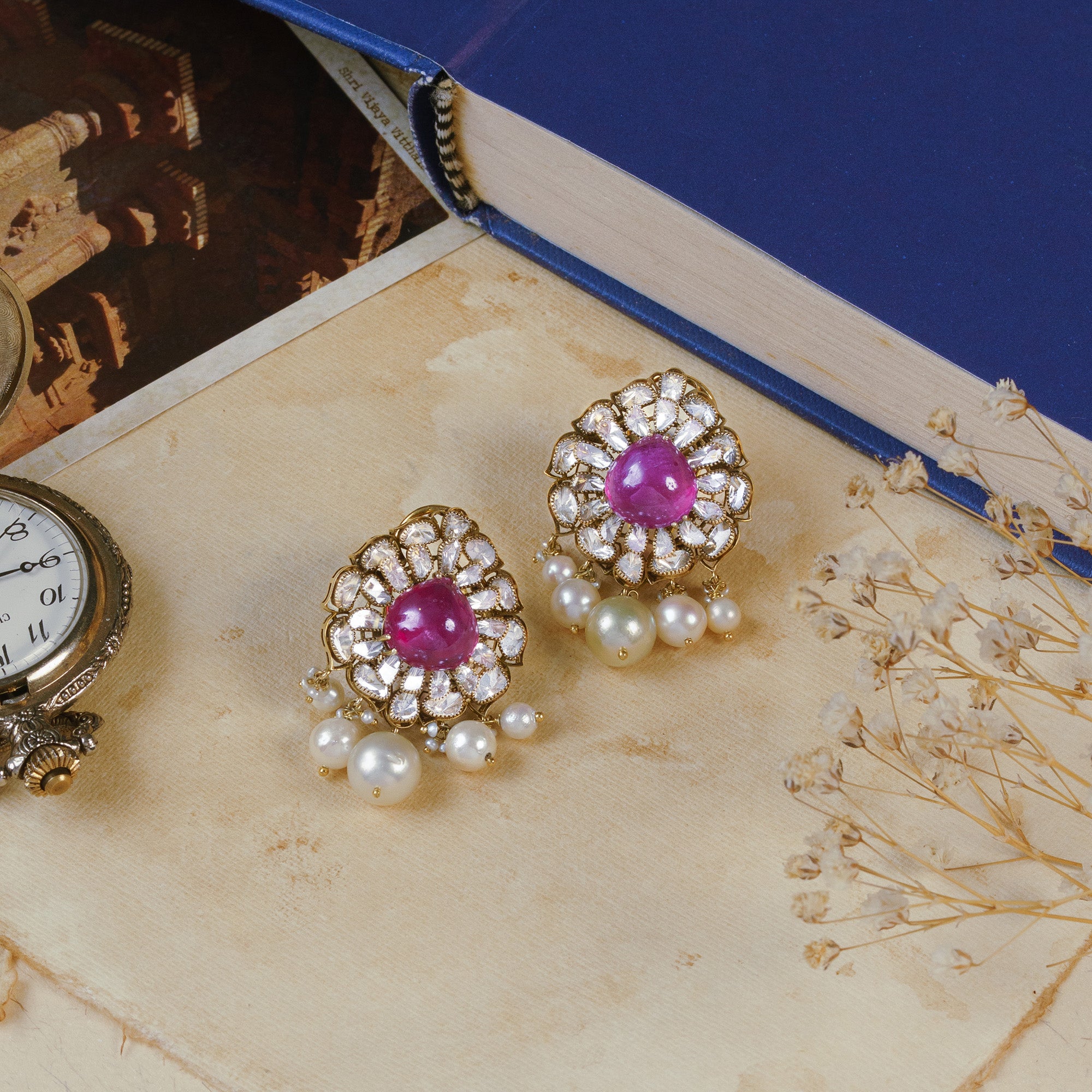 Ruby and Polki diamond gold earrings, luxury handcrafted heritage jewellery for women