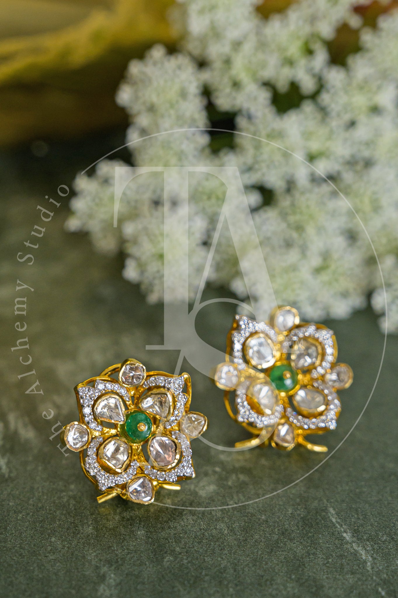 Shay Mini Polki and Emerald Flower Earrings