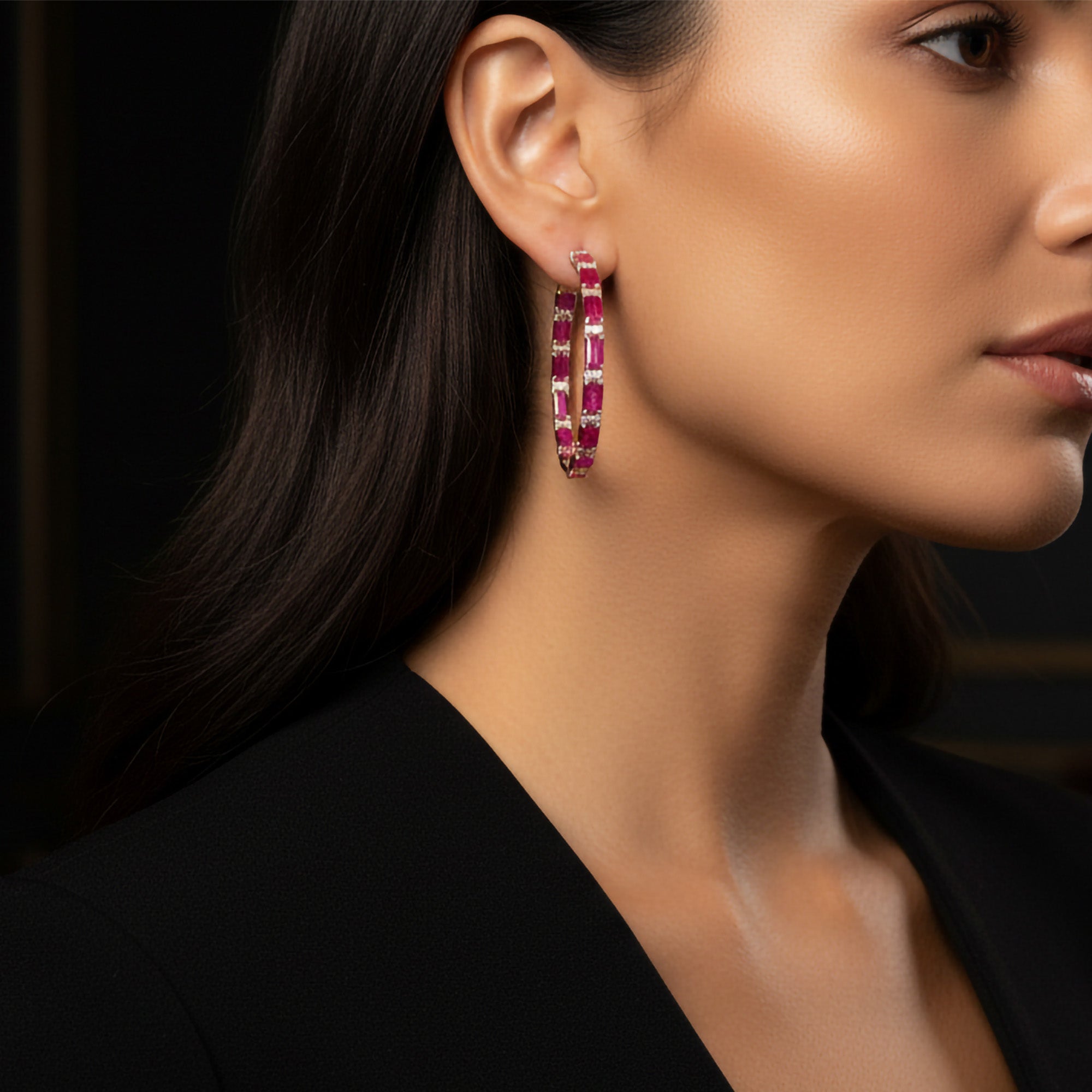 Rosebud Ruby and Diamond Hoops