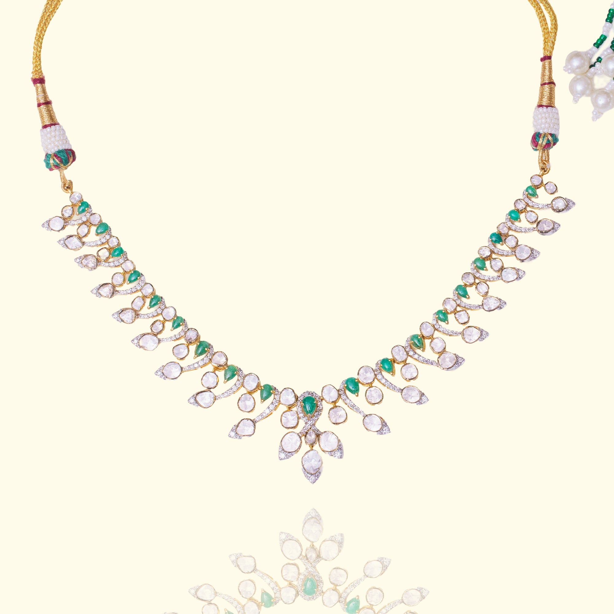 Emerald and Polki diamond gold drop necklace, handcrafted luxury traditional jewellery for women