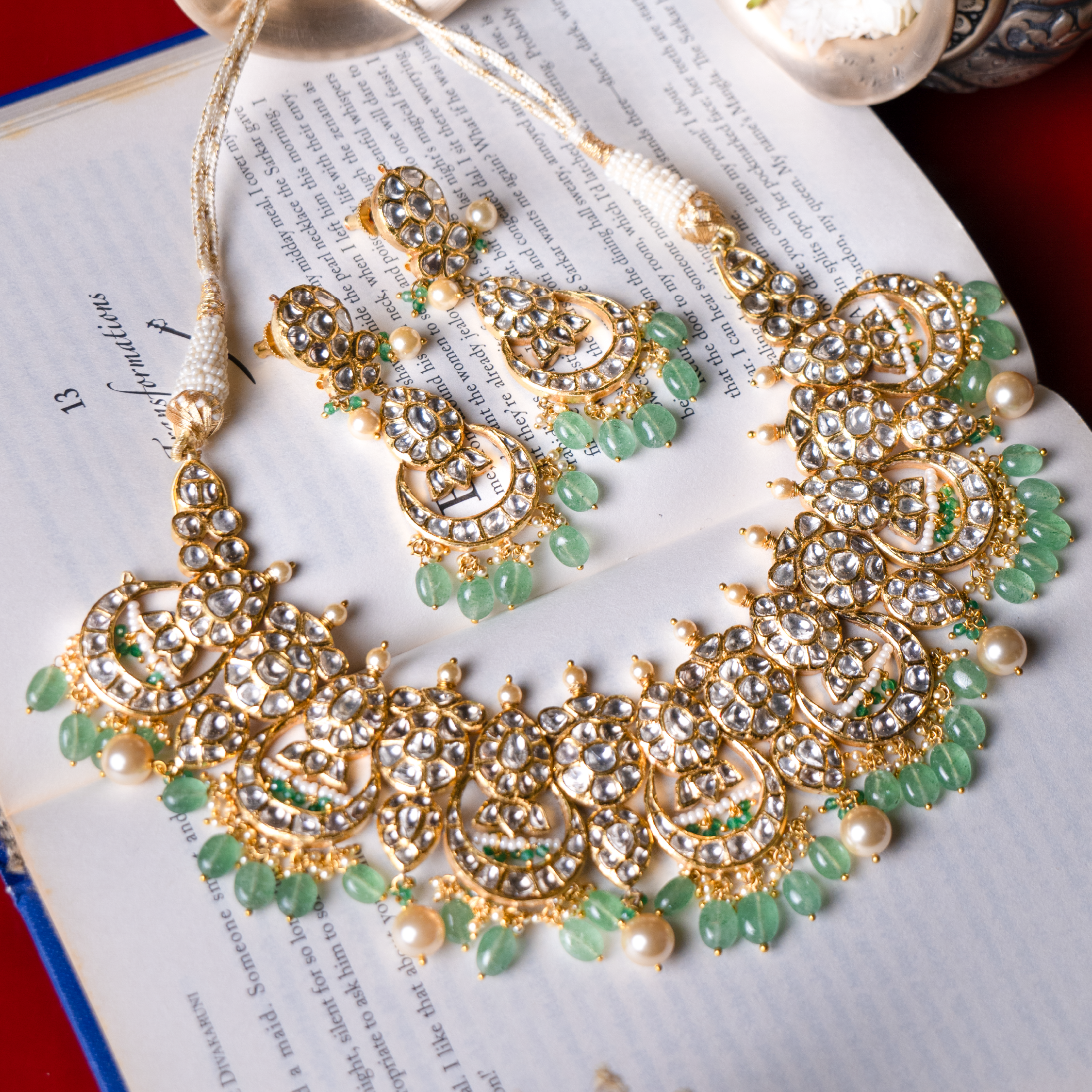Emerald Polki diamond gold necklace, luxury handcrafted traditional jewellery, statement necklace for women