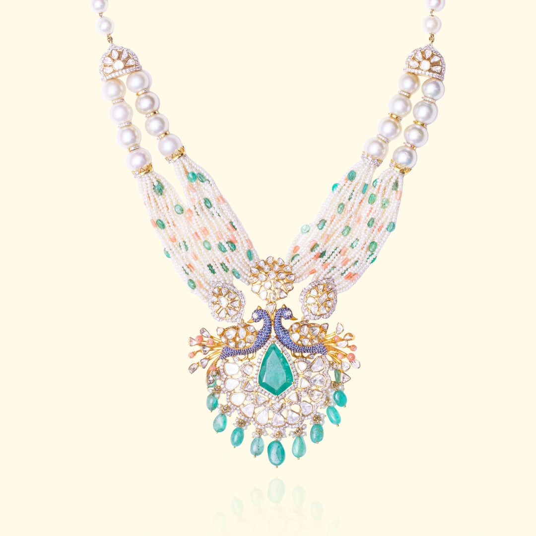 Peacock Flower Emerald Coral Polki Necklace