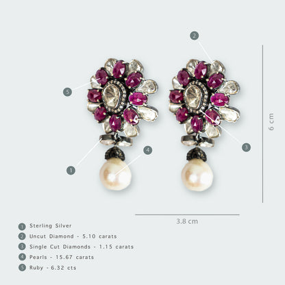 Overlapping Ruby and Uncut Diamond Flower Earrings with Pearl Dropping