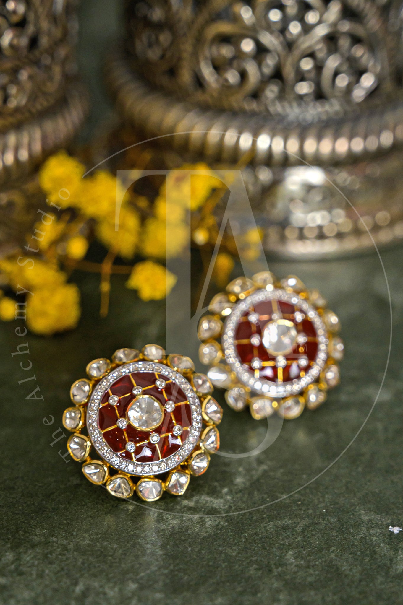 Layla Red Enamel and Polki Flower Earrings
