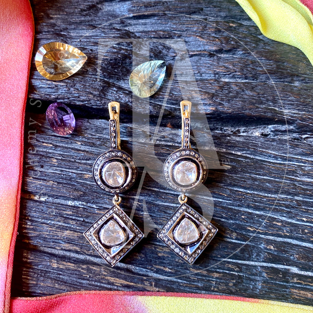 Jessica Round and Square Uncut Diamond Dangling Earrings