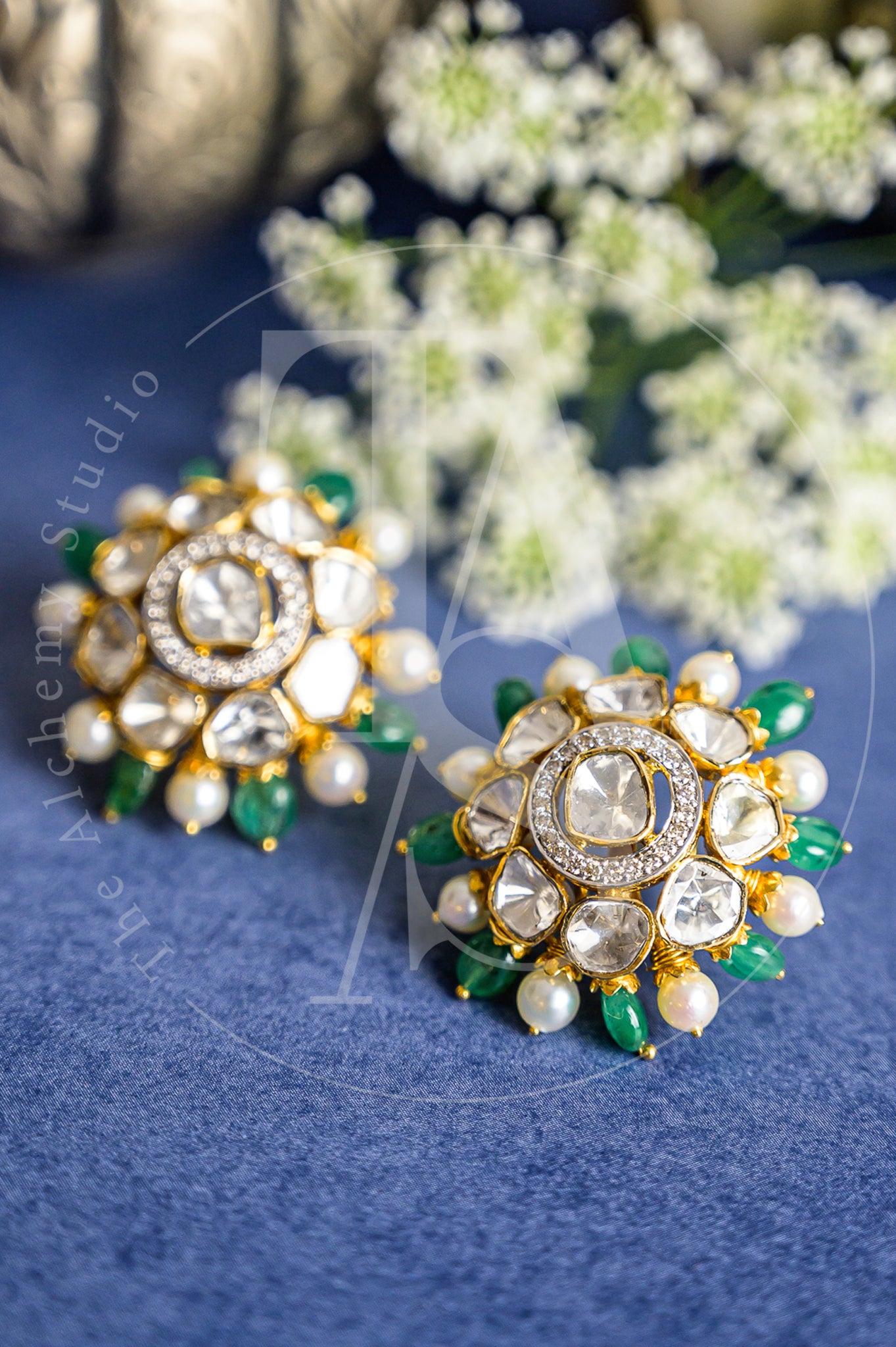 Tohar Polki Diamond and Emerald Flower Earrings