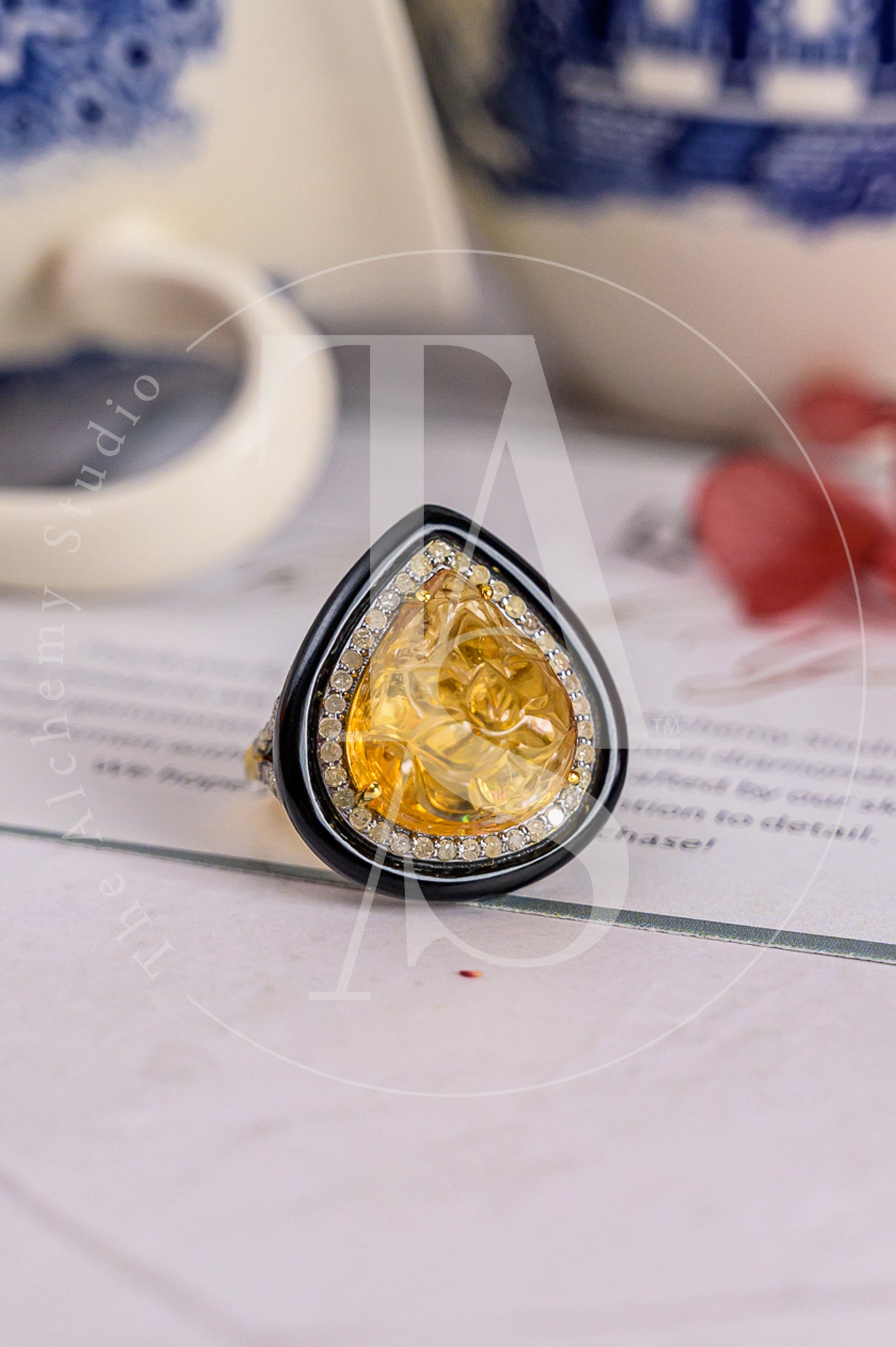 Dimas Carved Citrine and Black Onyx Ring