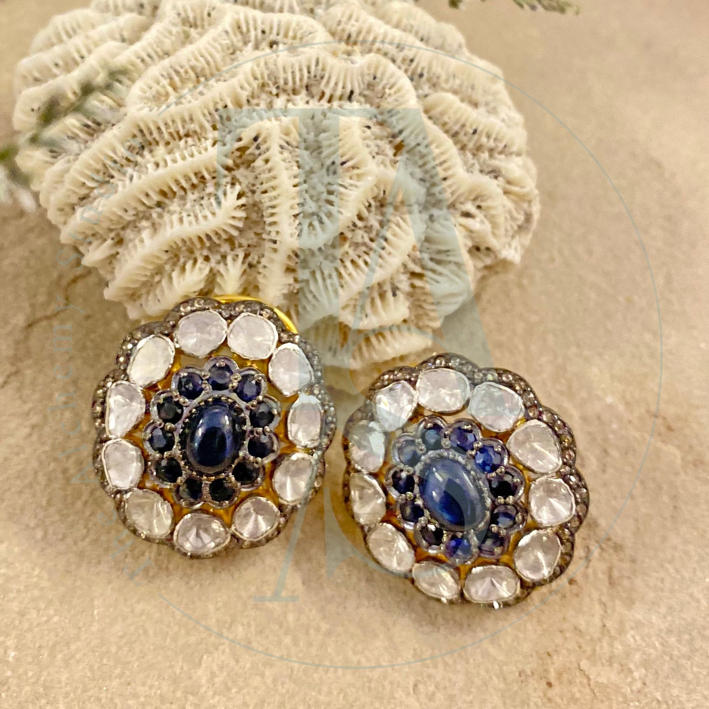 Astrales Flower Sapphire and Uncut Diamond Earrings
