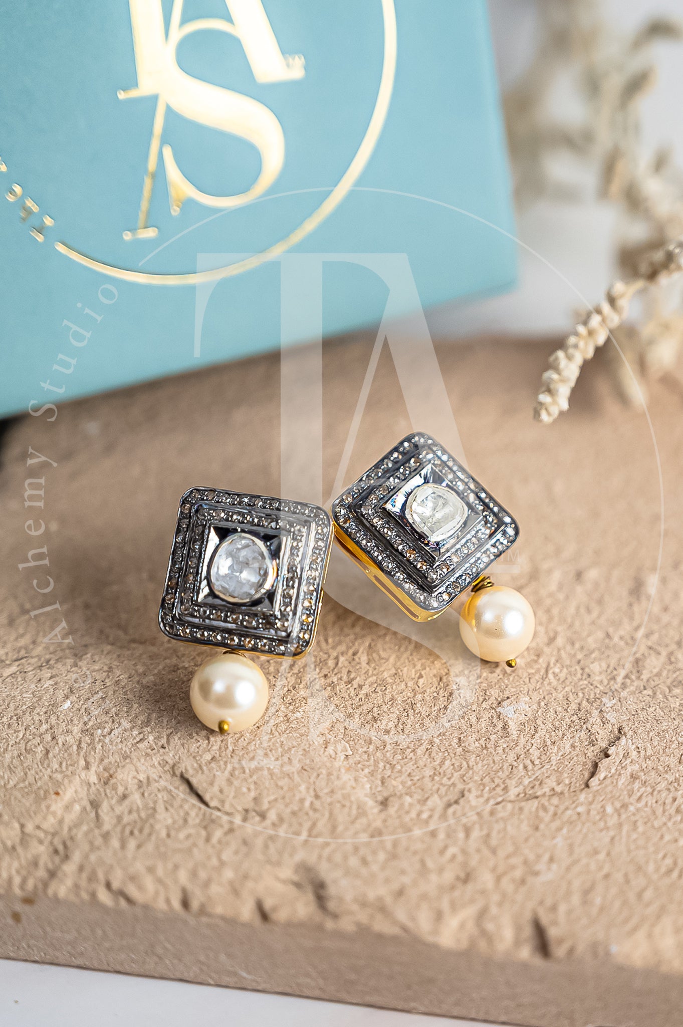 Dual Diamond Square Uncut Diamond Earrings