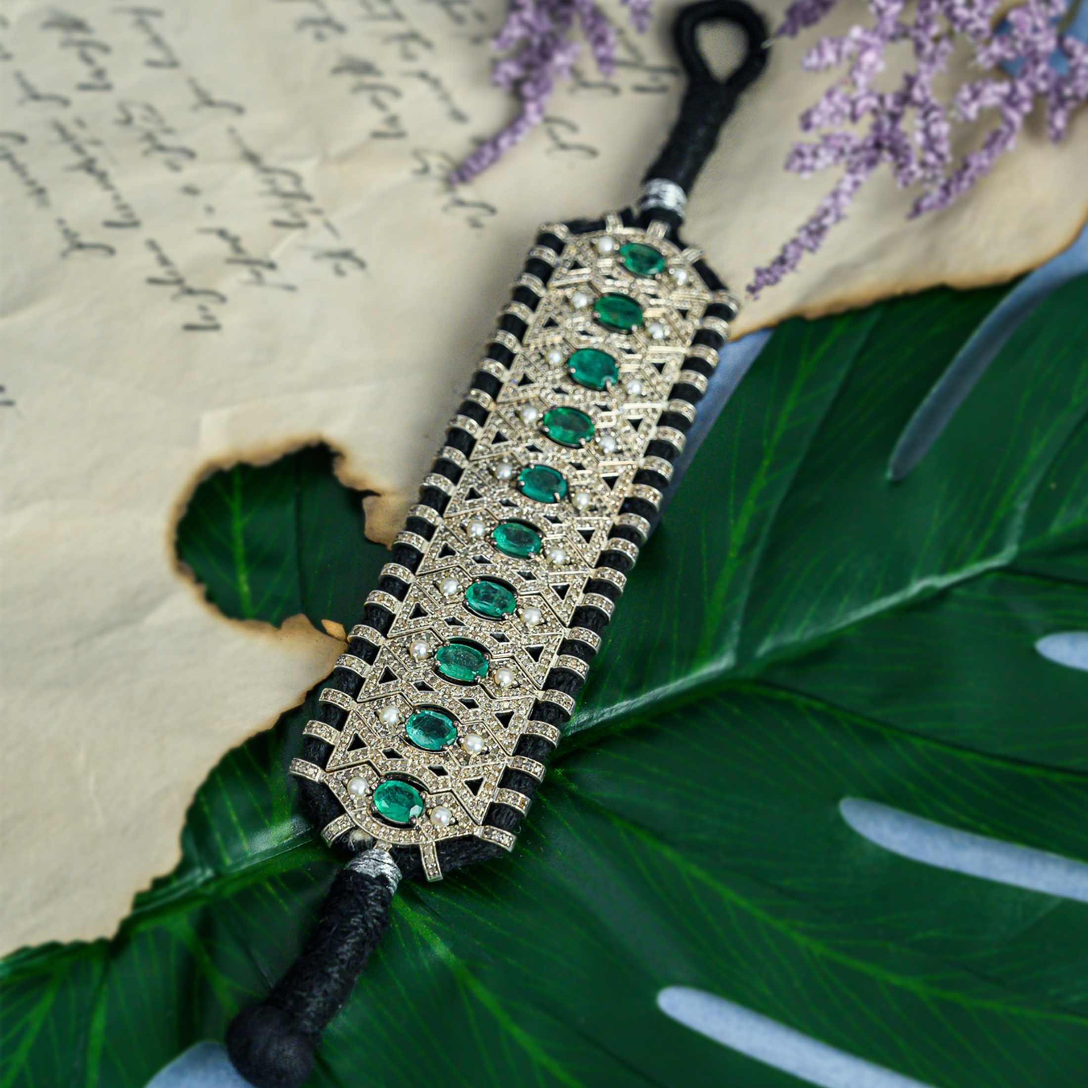 Mireya Diamond Emerald Japanese Freshwater Pearl Bracelet