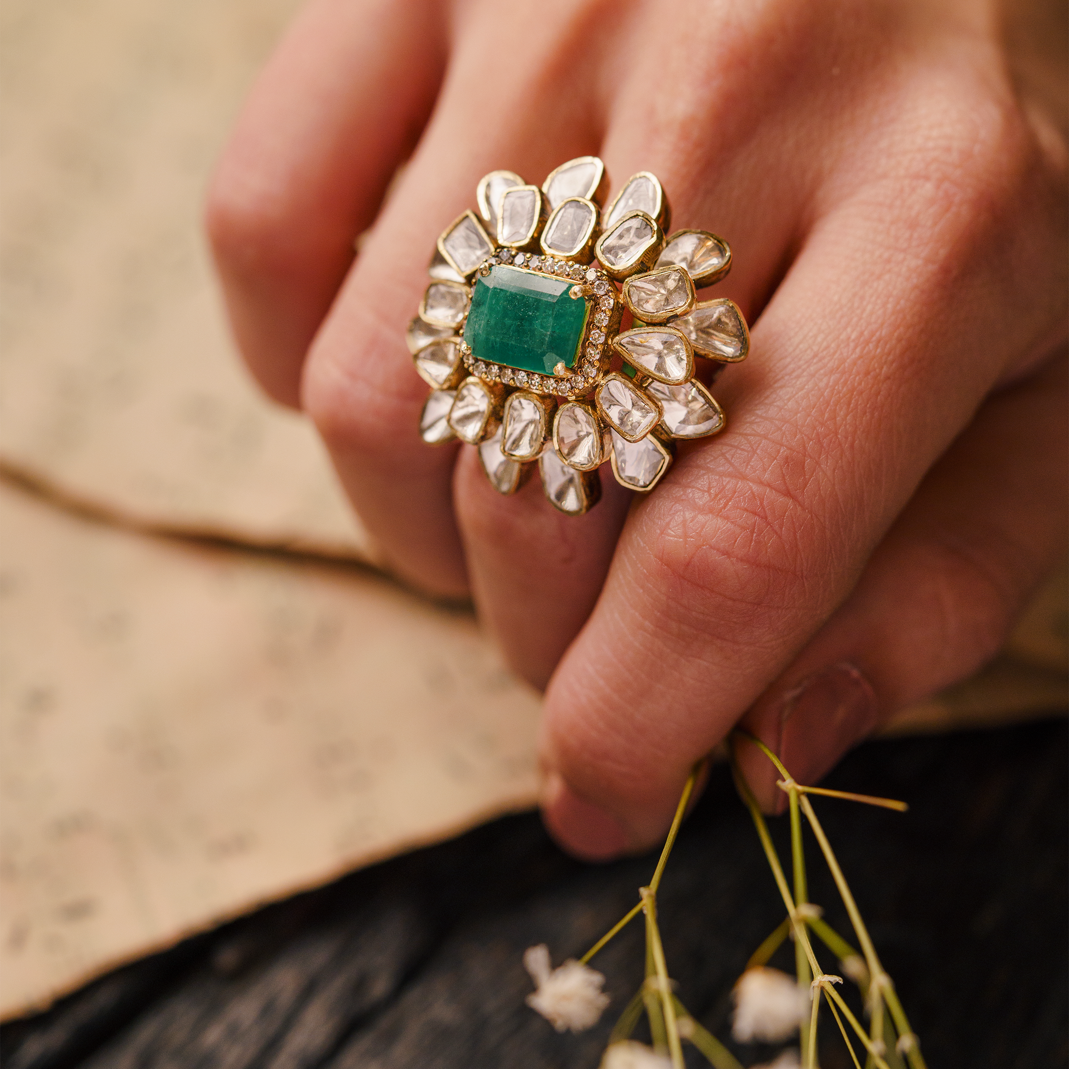 Rectangle Polki emerald Flower Ring