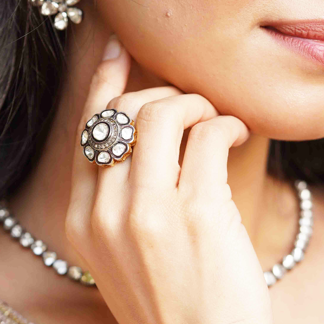 Silverlining Flower Polki Ring