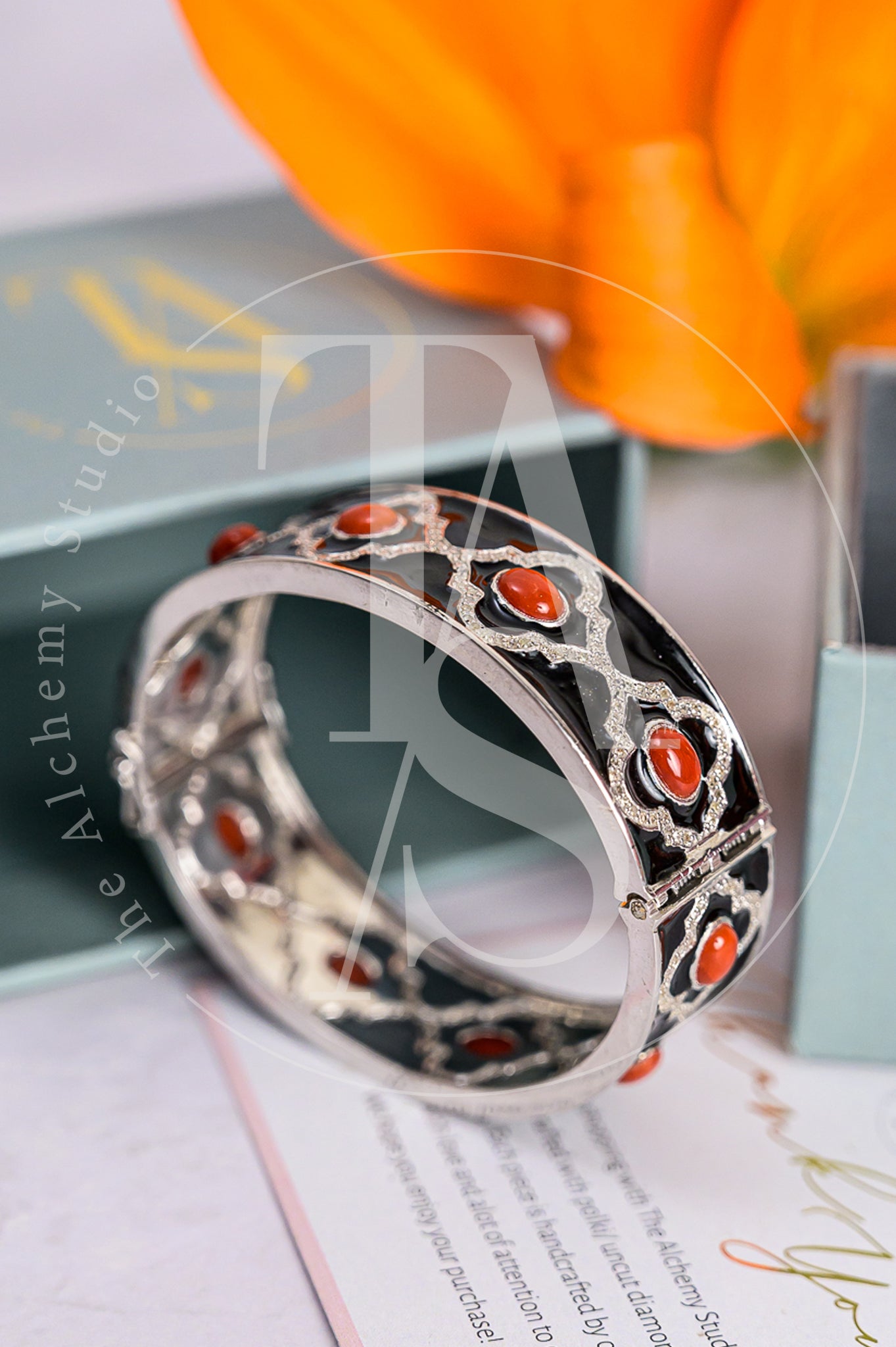 Clover Coral and Black Enamel Cuff