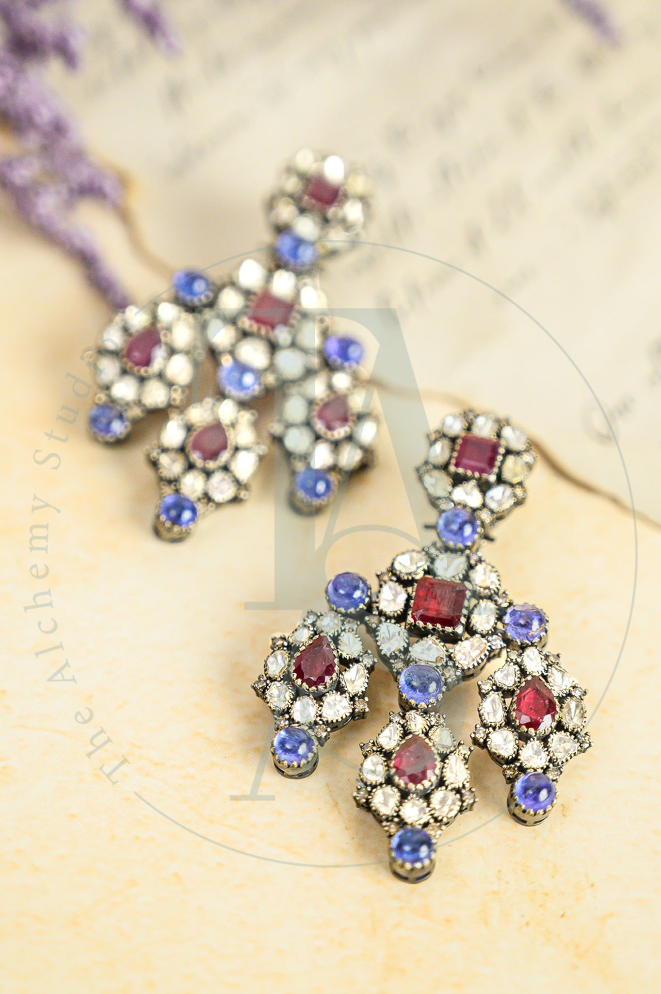 Ruby and Tanzanite Chandelier Uncut Diamond Earrings