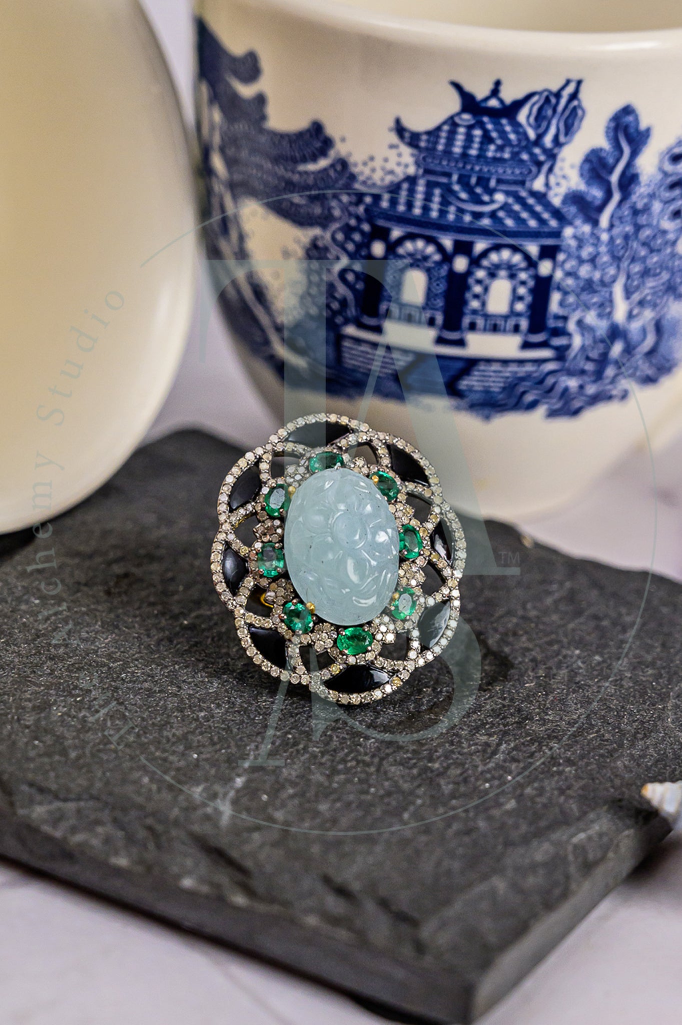 Crissy Carved Aquamarine and Diamond Cocktail Ring