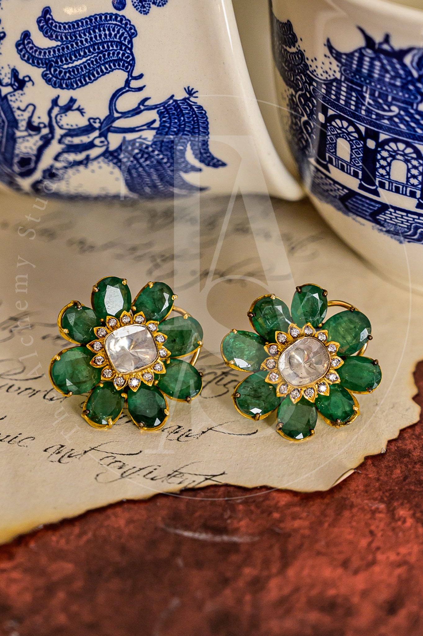Ezra Emerald and Polki Flower Earrings