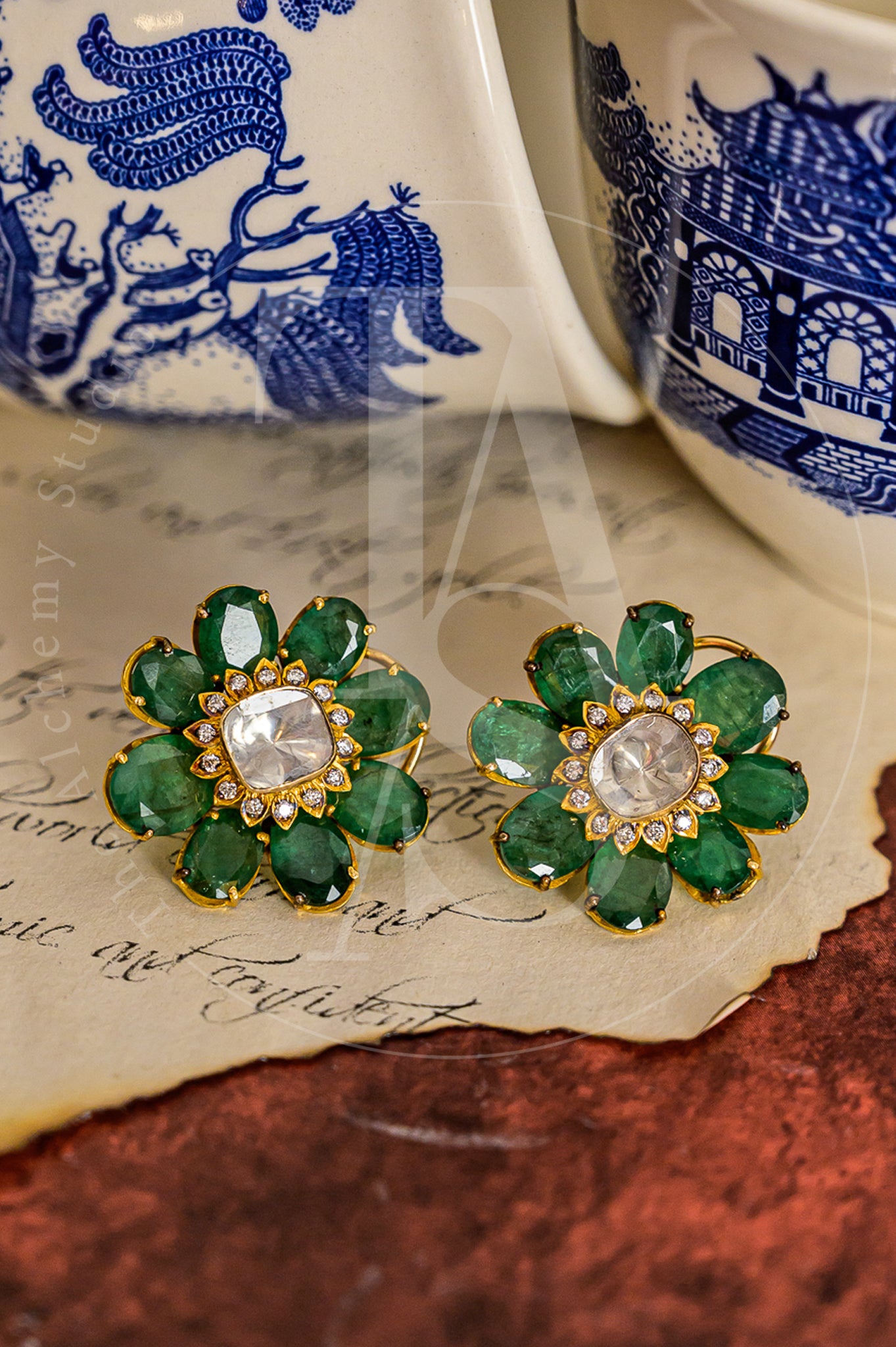 18kt Gold Ezra Emerald and Uncut Diamond Flower Earrings