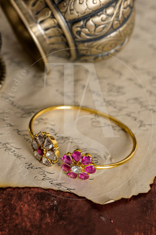 18kt Gold Dual Ruby and Uncut Diamond Flower Cuff