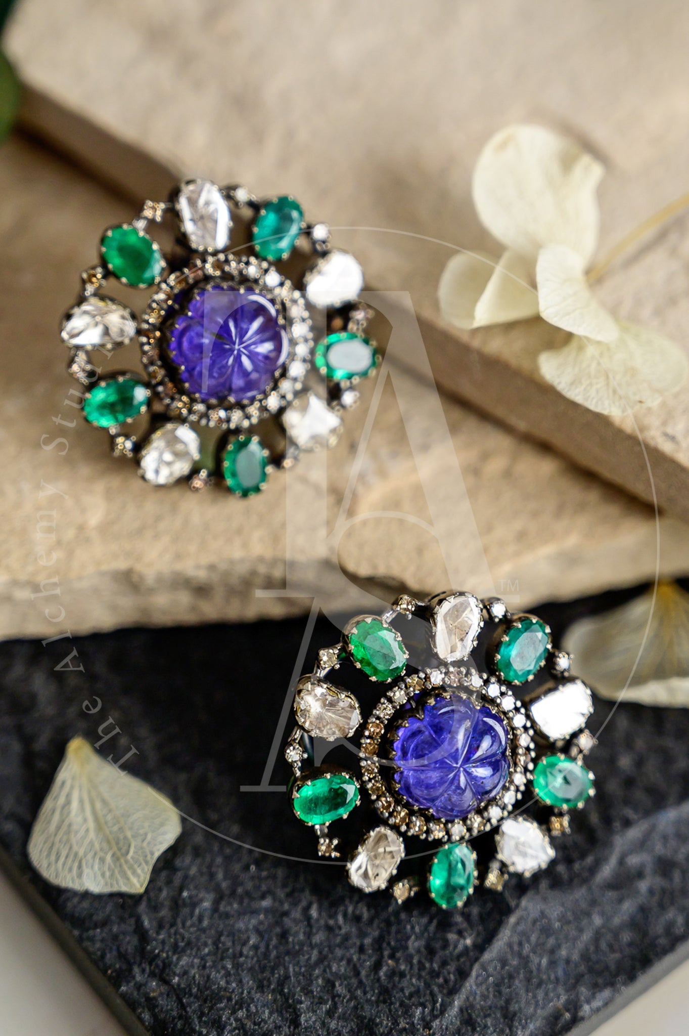 Tanzanite and Emerald Uncut Diamond Round Tops