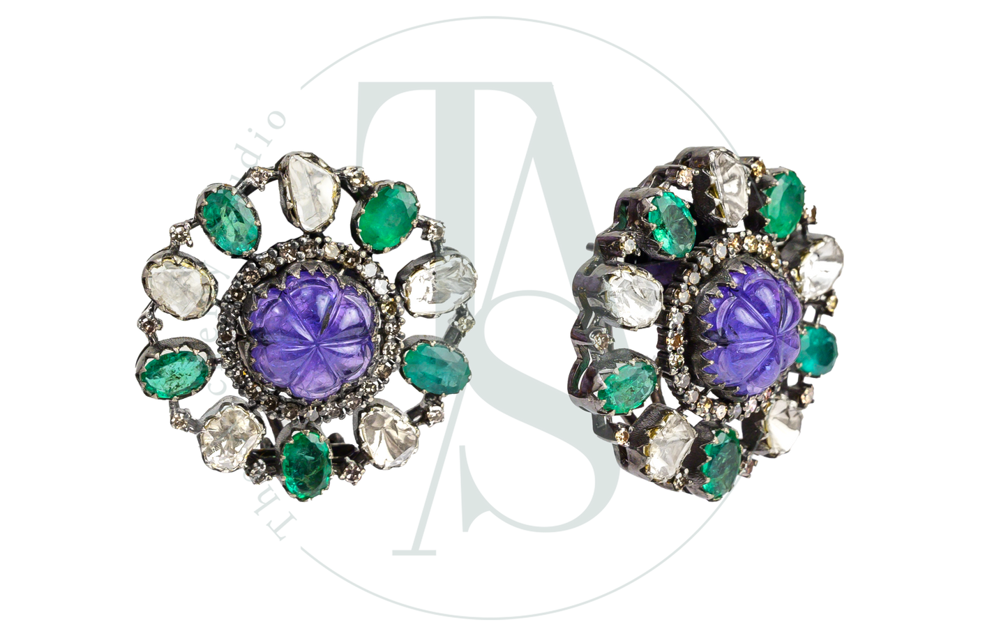 Tanzanite and Emerald Uncut Diamond Round Tops