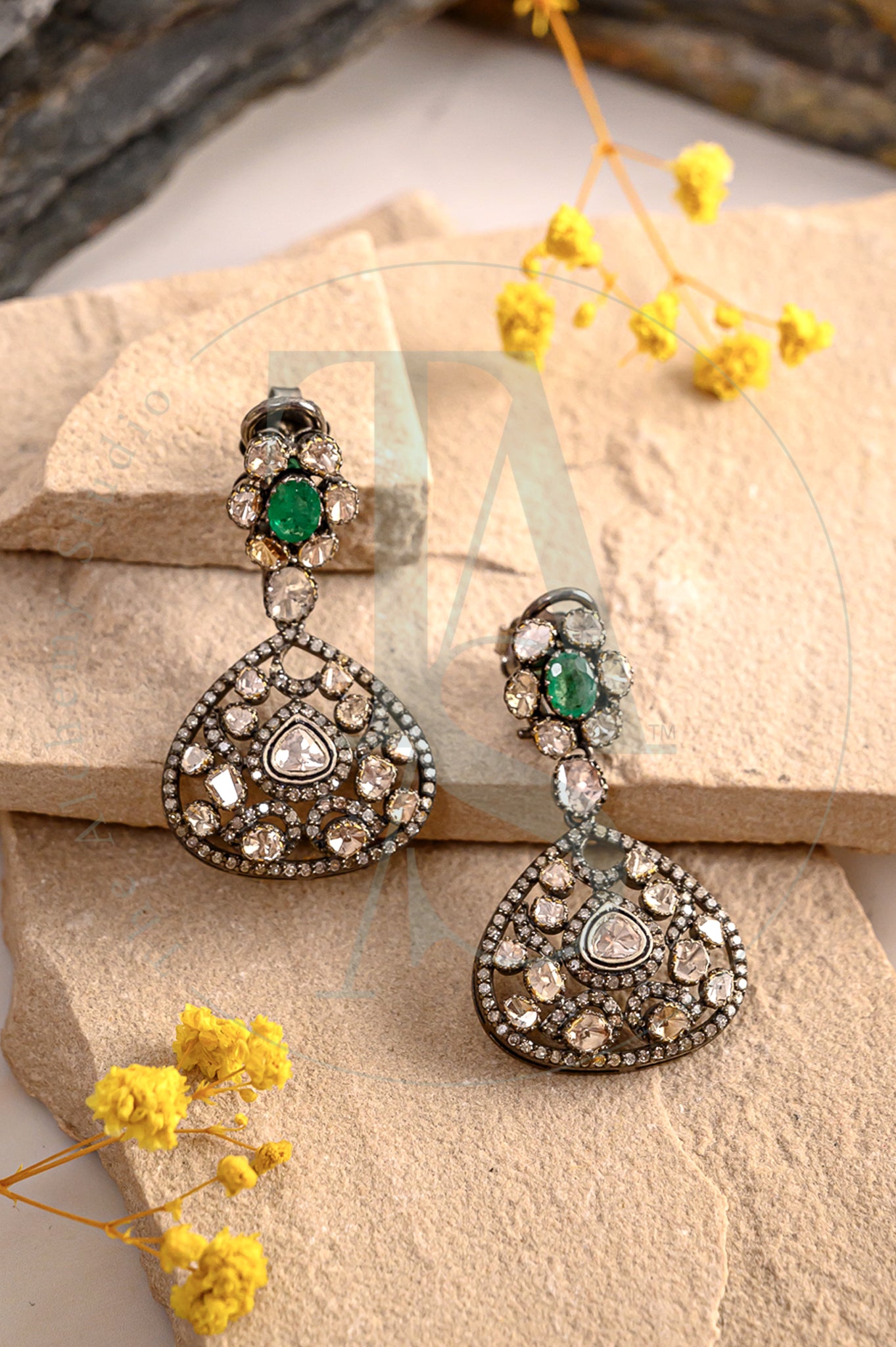 Adella Emerald Flower Uncut Diamond Earrings