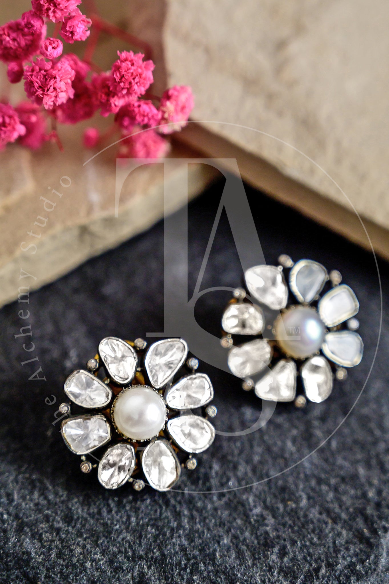 Amaraa Pearl and Uncut Diamond Earrings