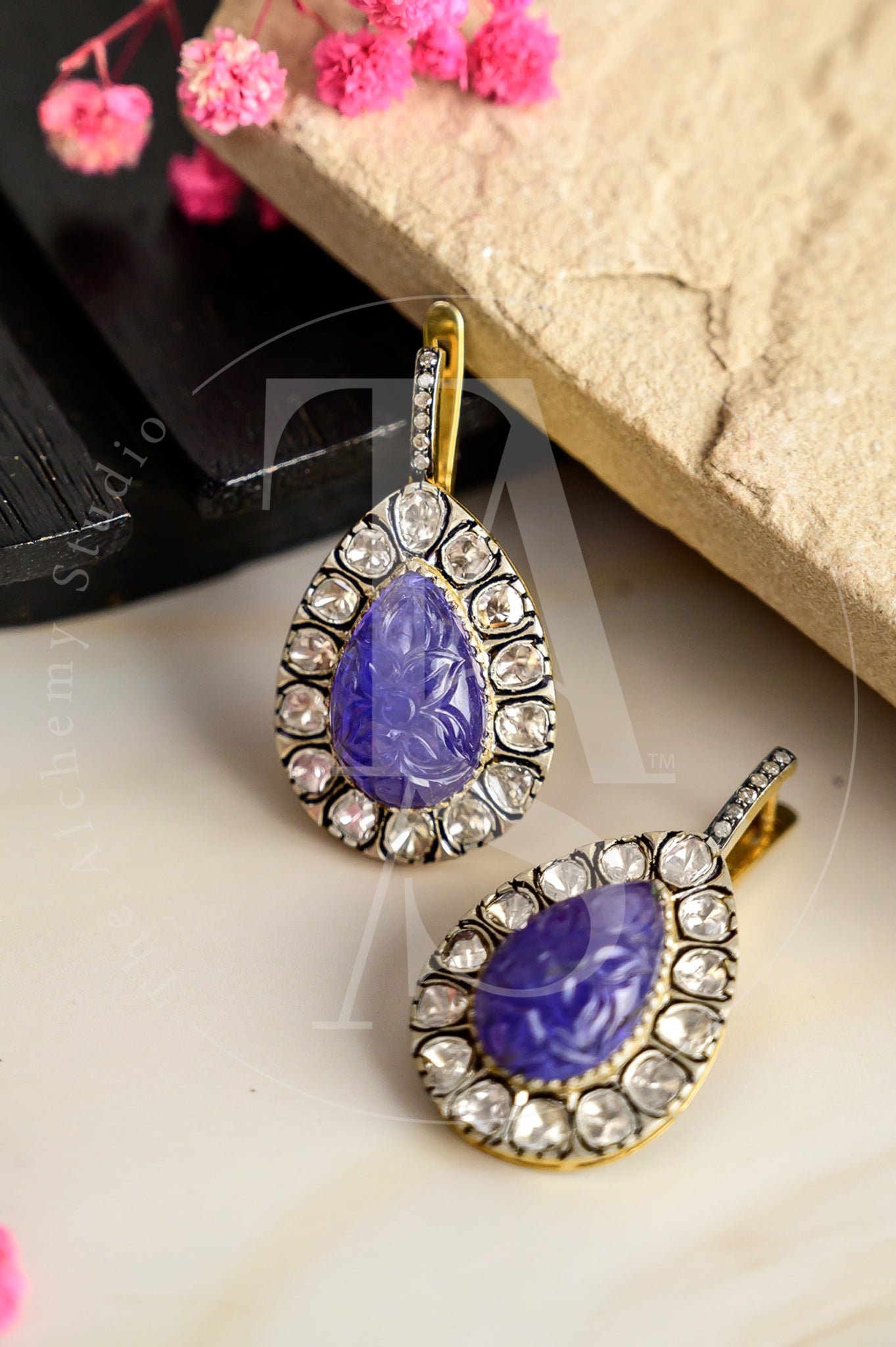 Carved Tanzanite Ray Drop Uncut Diamond Earrings