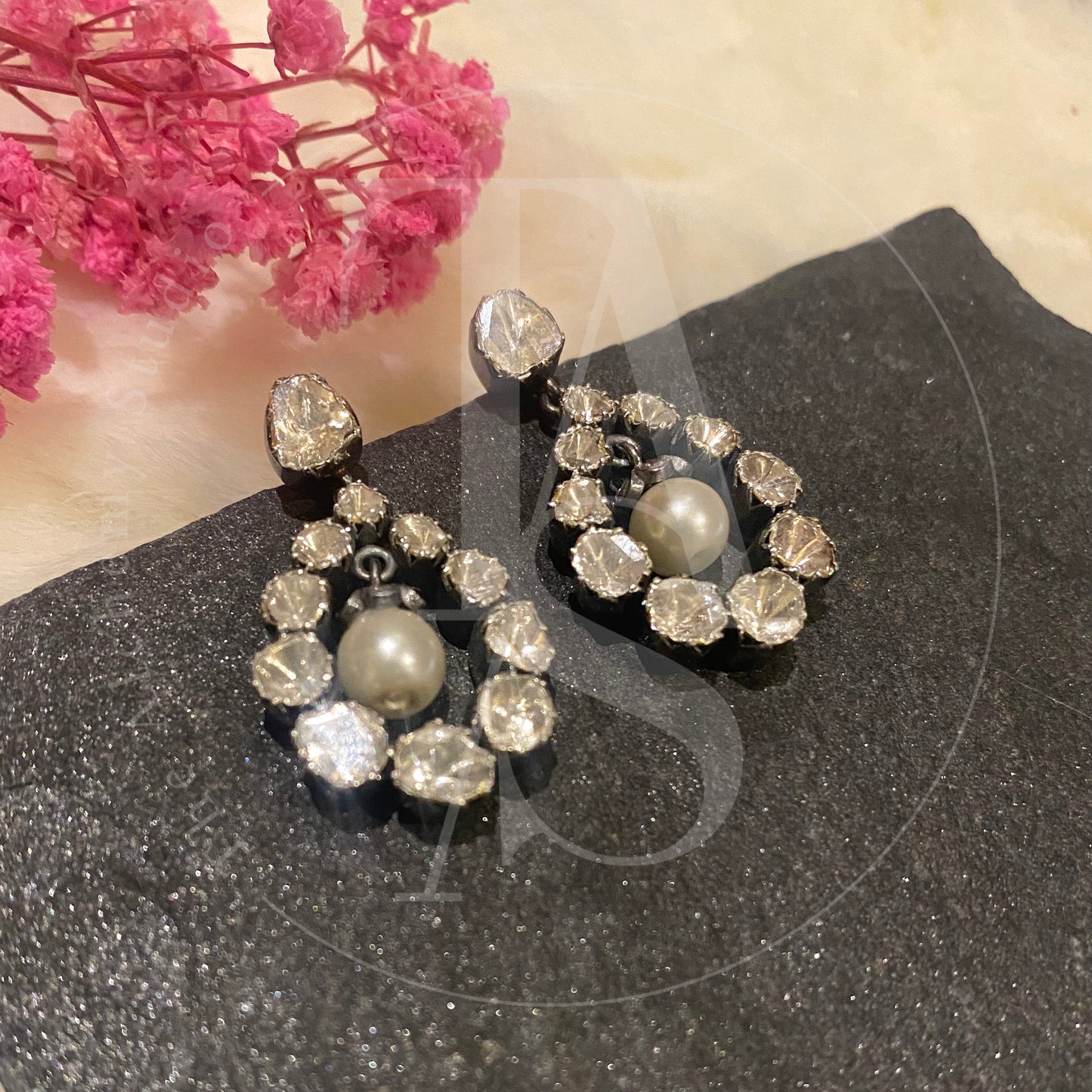 Twilight Pearl and Uncut Diamond Earrings