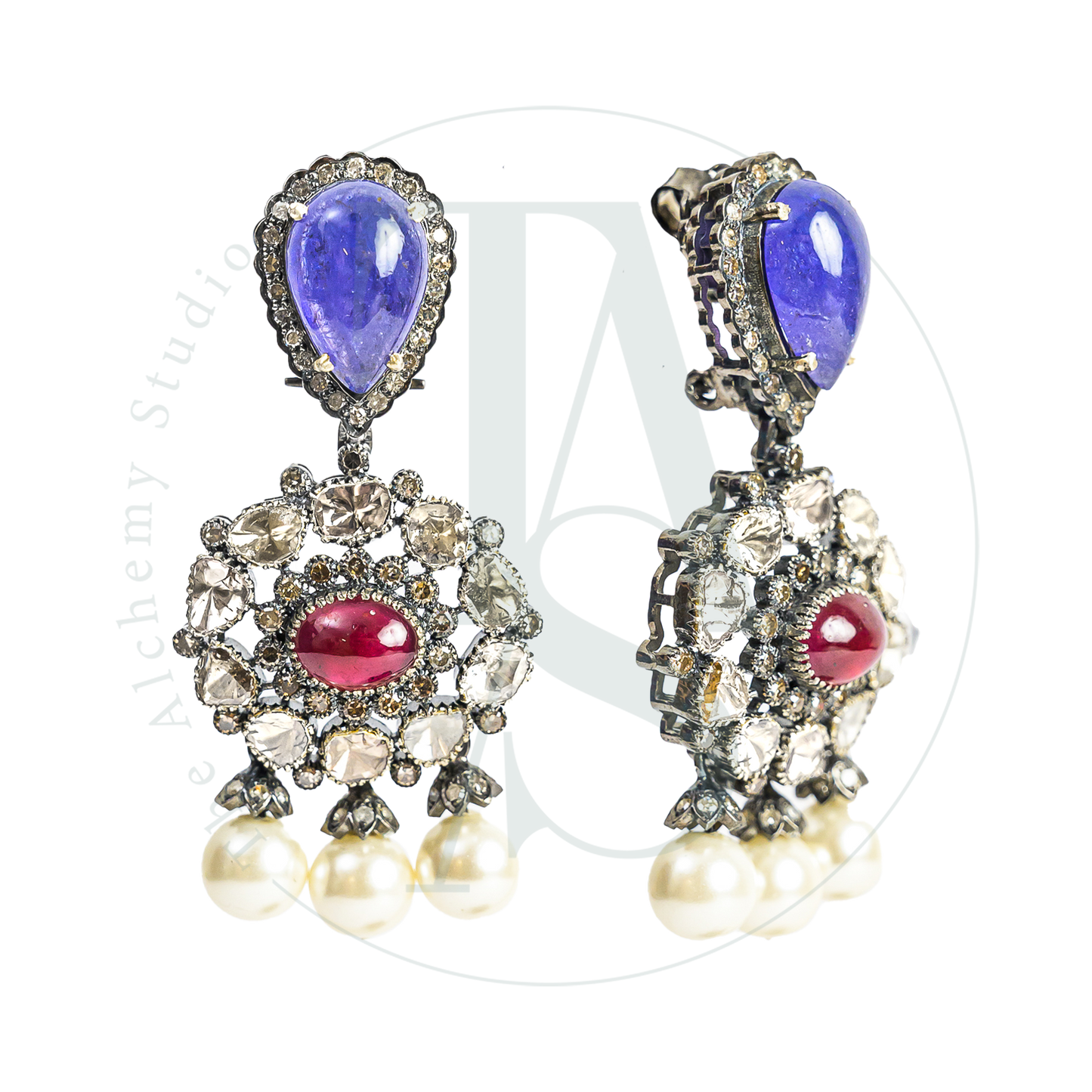 Sayra Tanzanite and Ruby Drop Flower Uncut Diamond Earrings