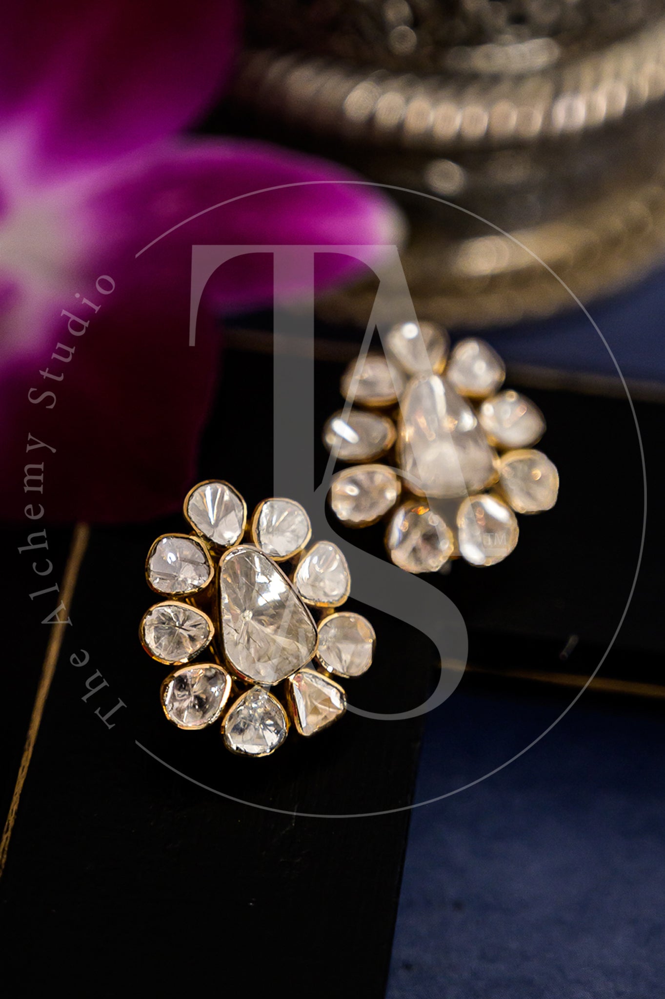 18kt Gold Jendayi Oval Uncut Diamond Flower Earrings