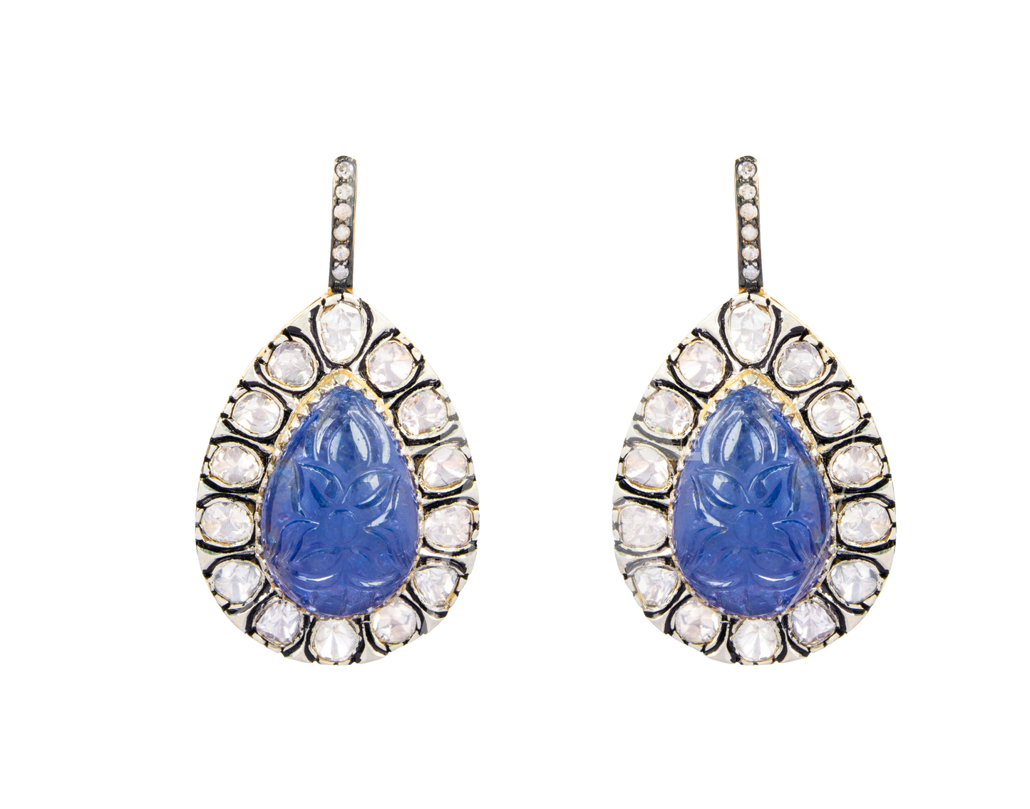 Carved Tanzanite Ray Drop Uncut Diamond Earrings