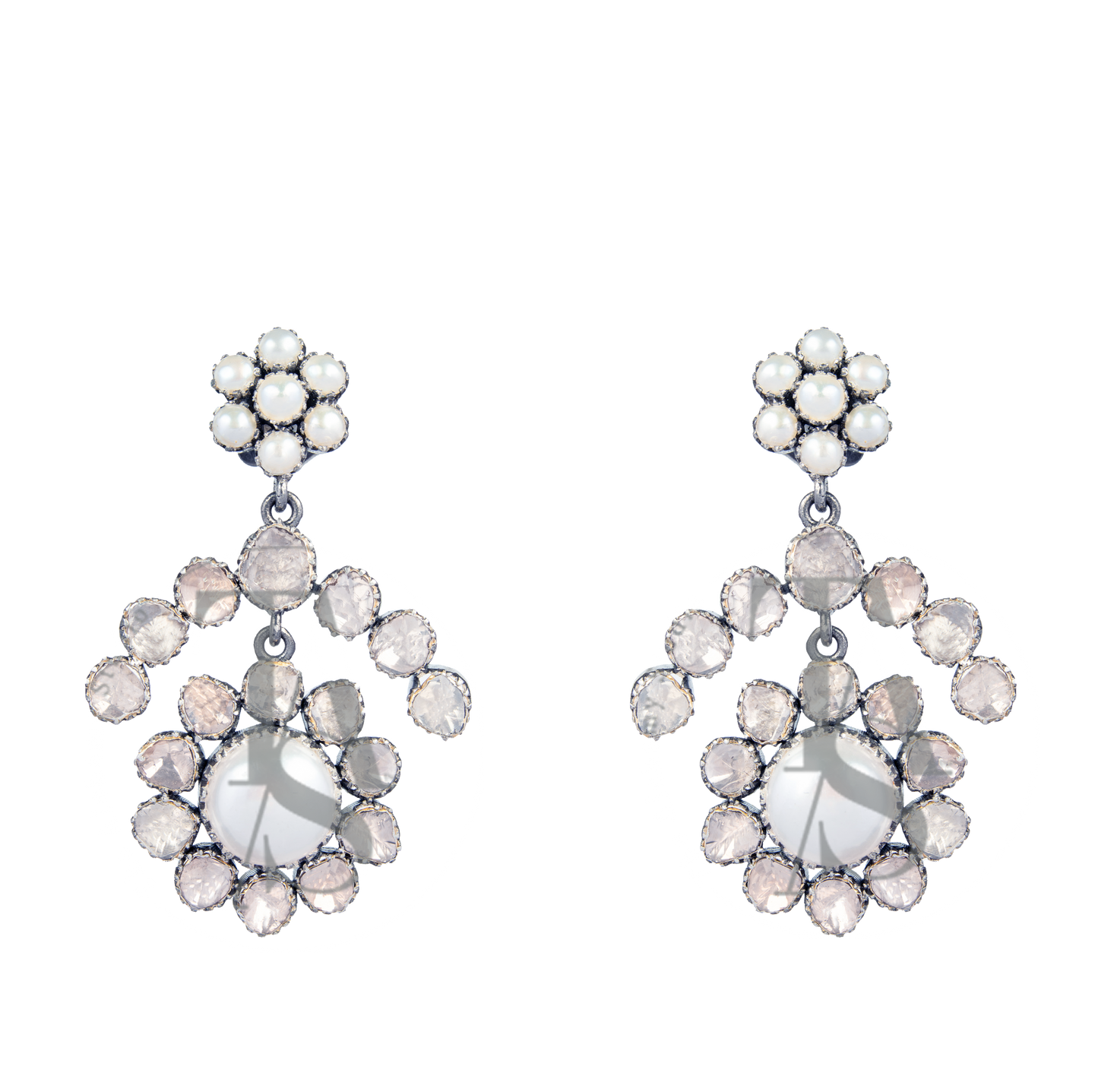 Rosaliee Vintage Pearl and Uncut Diamond Dangling Earrings