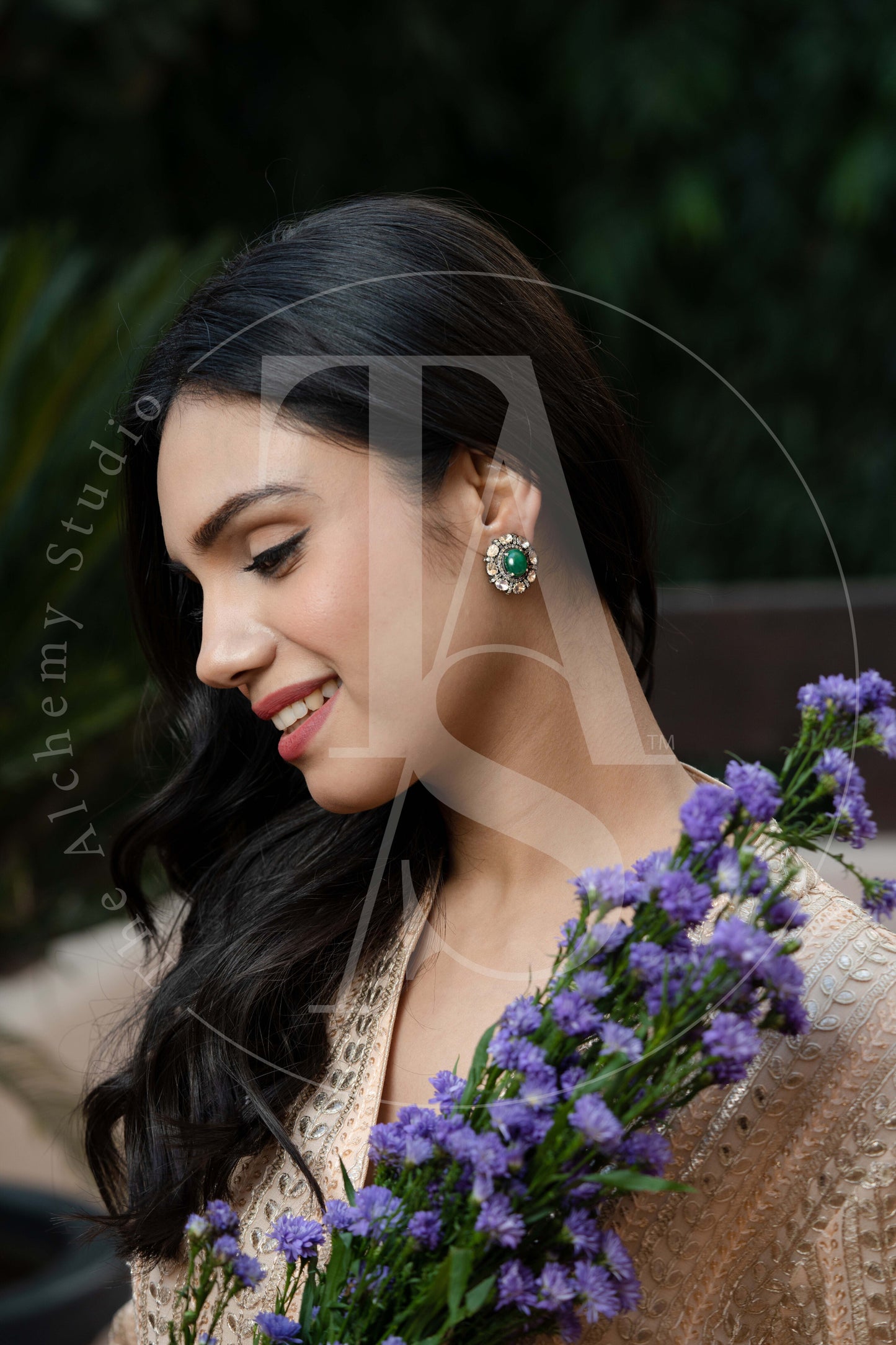 Cabochan Emerald Uncut Diamond Studs