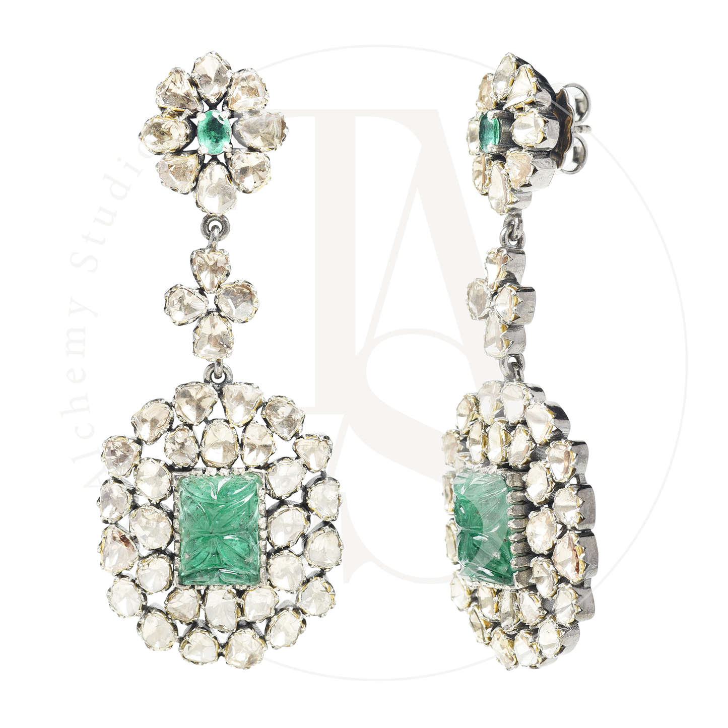 Empress Emerald and Uncut Diamond Earrings