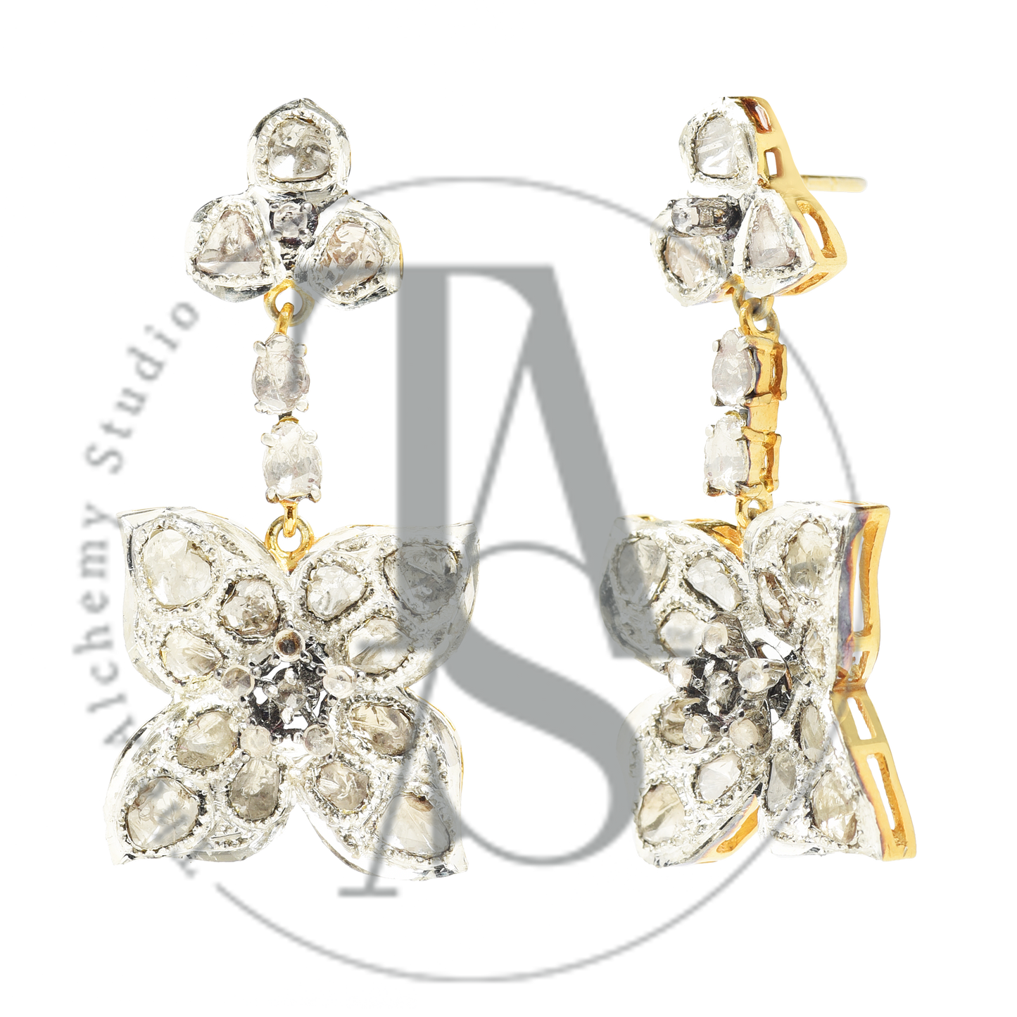 Four Petal Dangling Flower Uncut Diamond Earrings