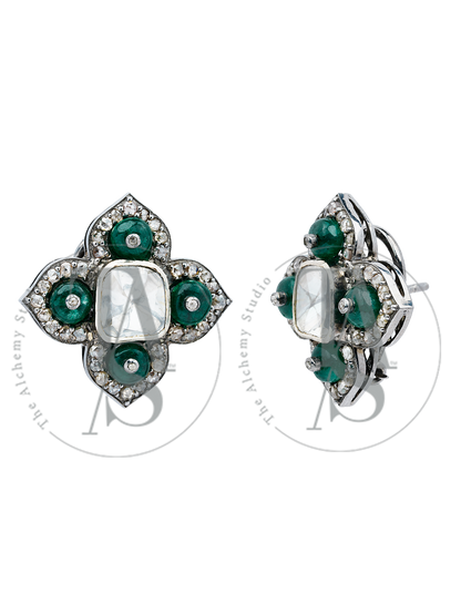 Four Petal Emerald Uncut Diamond Earrings