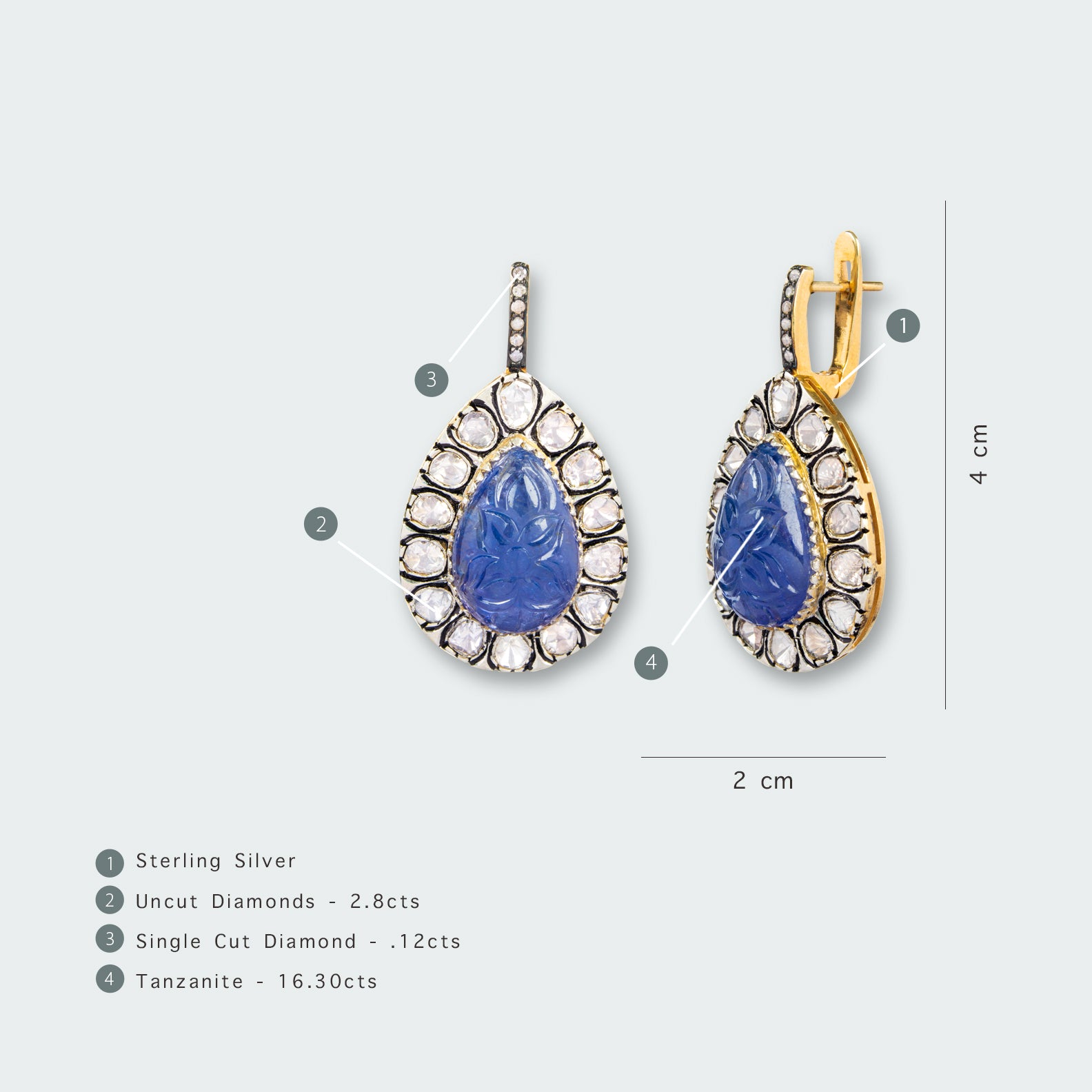 Carved Tanzanite Polki Ray Earrings
