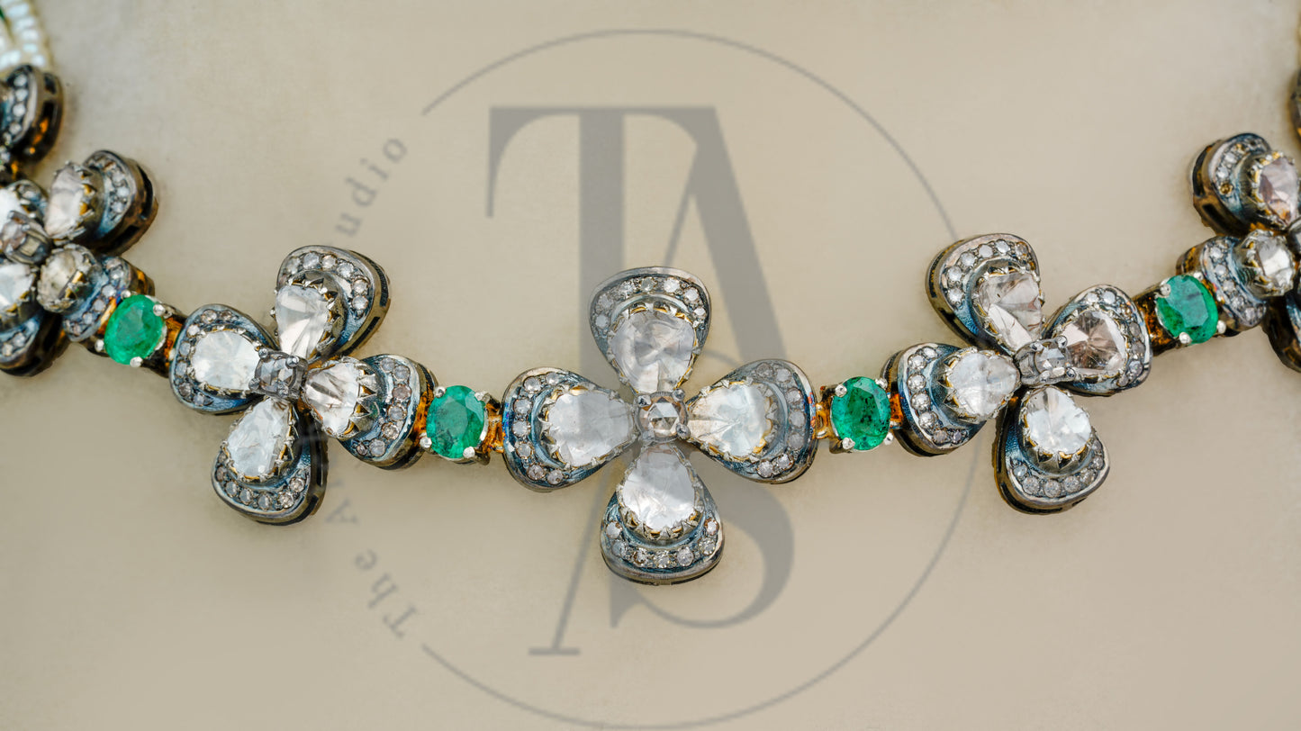 Flower Blossom and Emerald Uncut Diamond Necklace