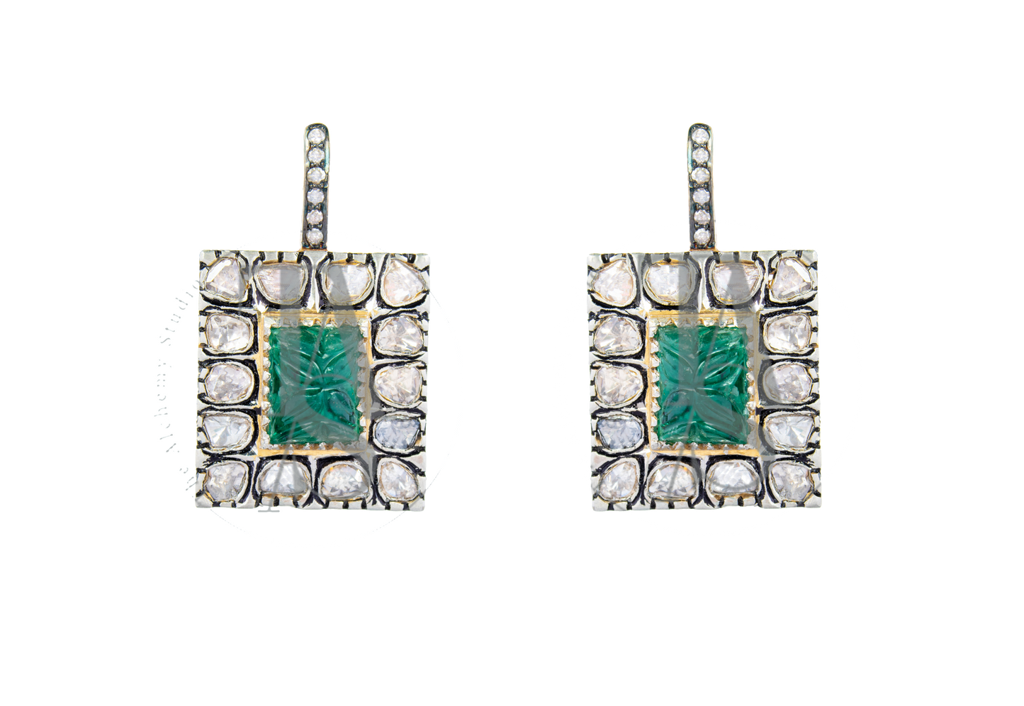 Carved Emerald Ray Square Uncut Diamond Earrings
