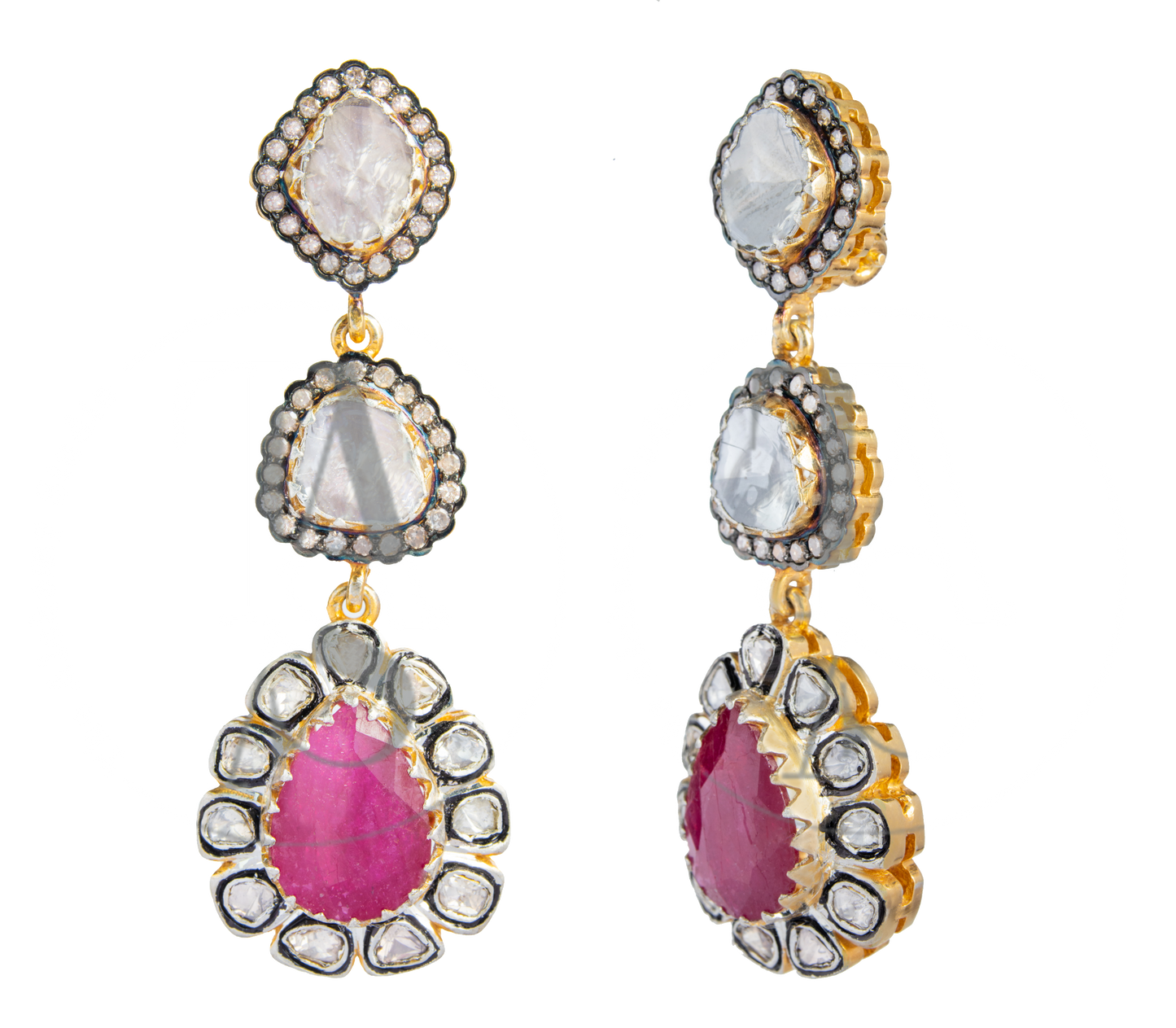 Clara Ruby and Uncut Diamond Dangling Earrings