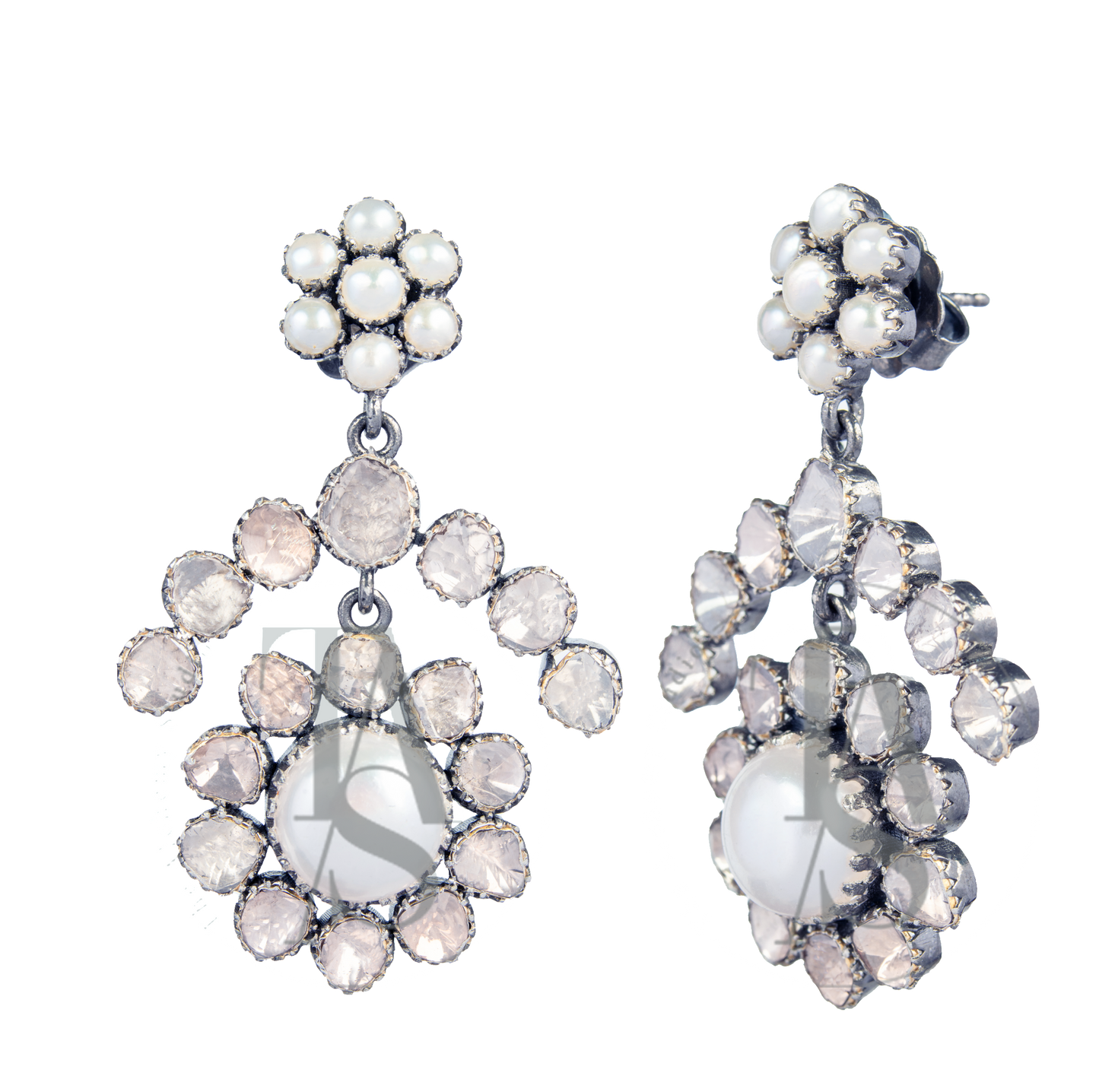Rosaliee Vintage Pearl and Uncut Diamond Dangling Earrings