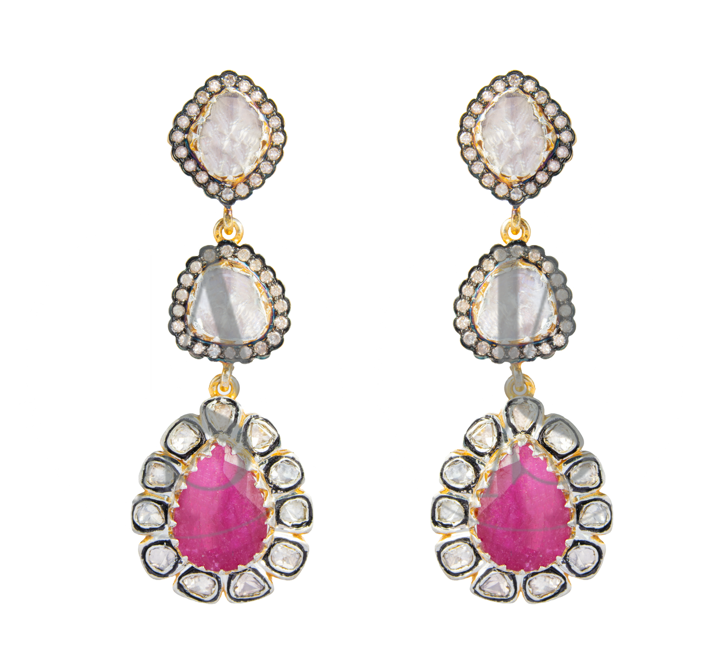 Clara Ruby and Uncut Diamond Dangling Earrings