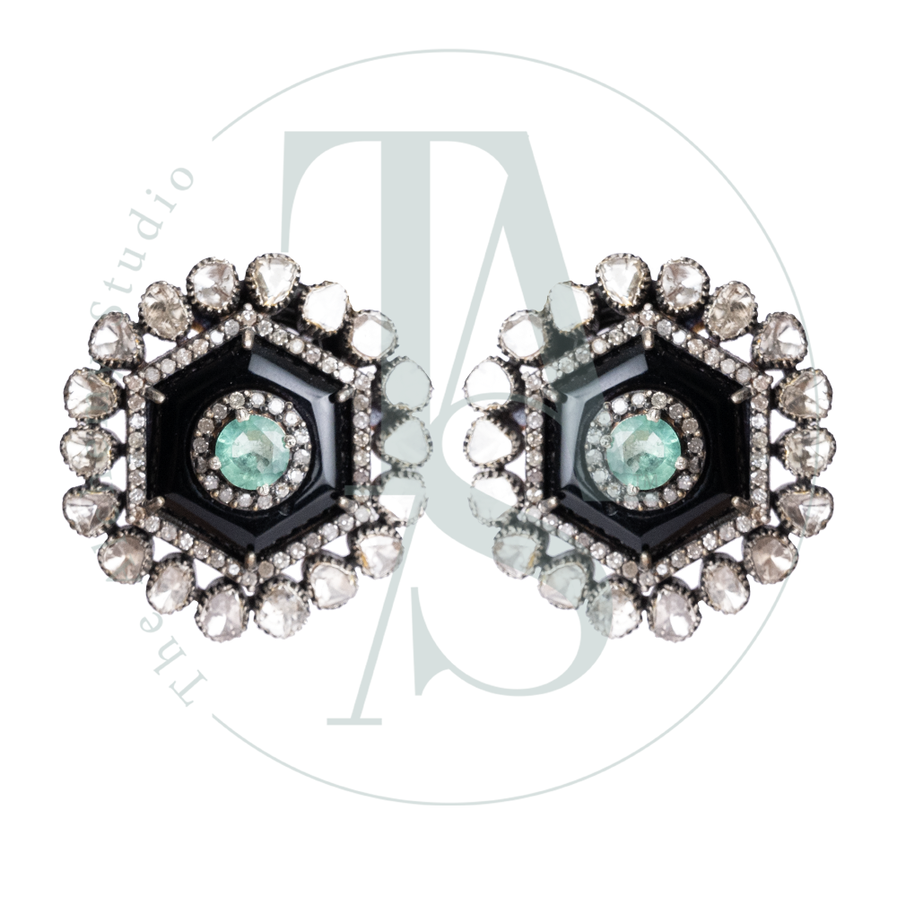 Adelisa Hexagon Black Onyx and Uncut Diamond with Emeralds Earrings