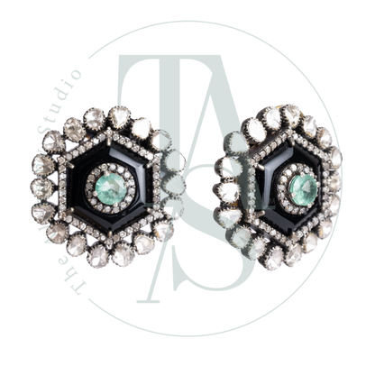Adelisa Hexagon Black Onyx and Uncut Diamond with Emeralds Earrings