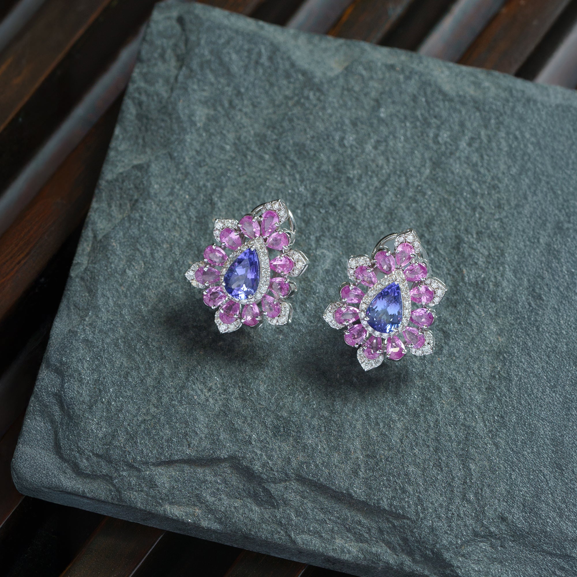 Eclat Bleu Rose Cut Diamond Tanzanite Pink Sapphire Earrings