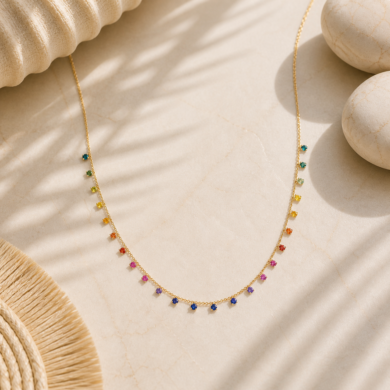 Necklace with multicolored beads on a beige surface in india